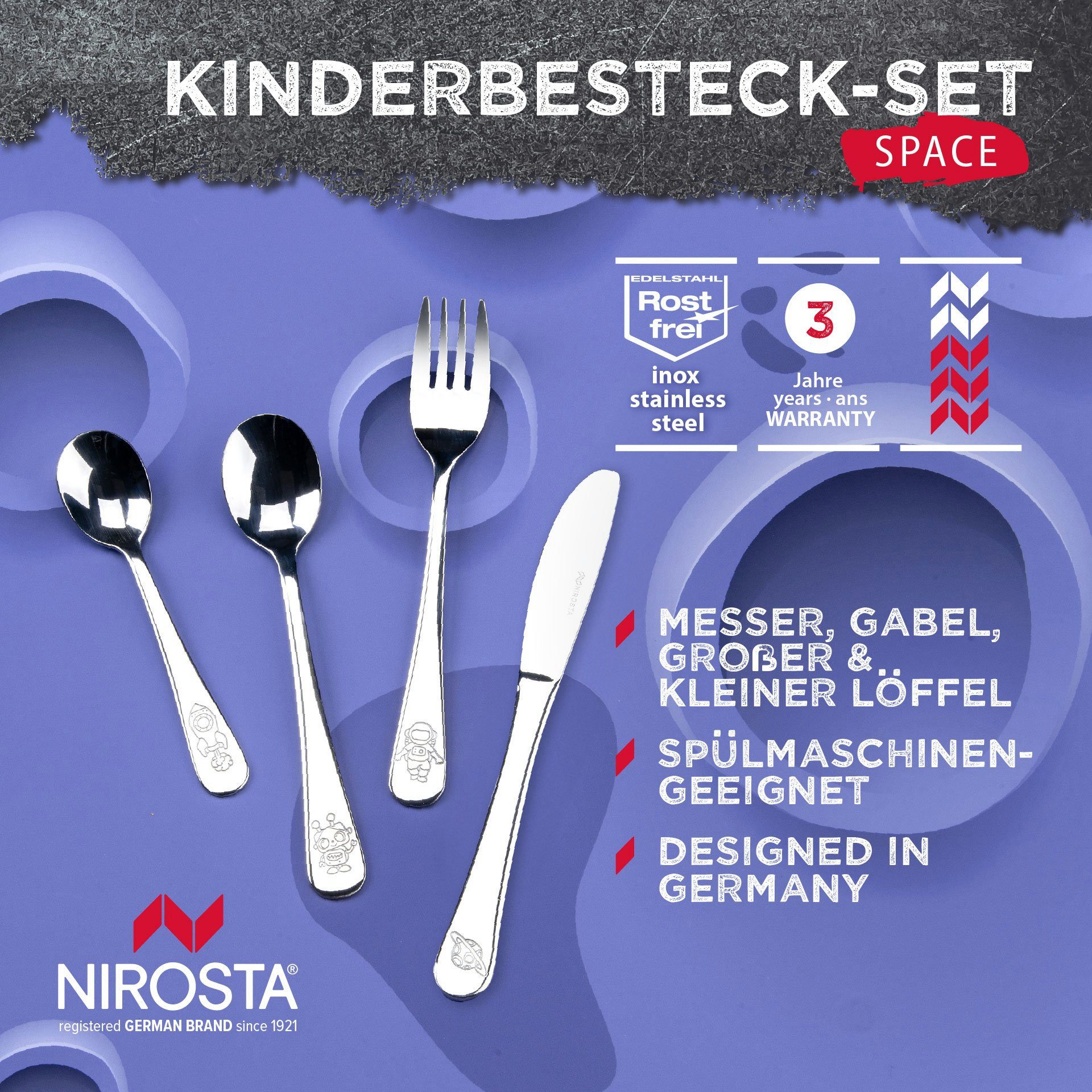 Nirosta Kinderbesteck Set, Kinderlöffel, Kindergabel, Kindermesser, Weltraum-Motive