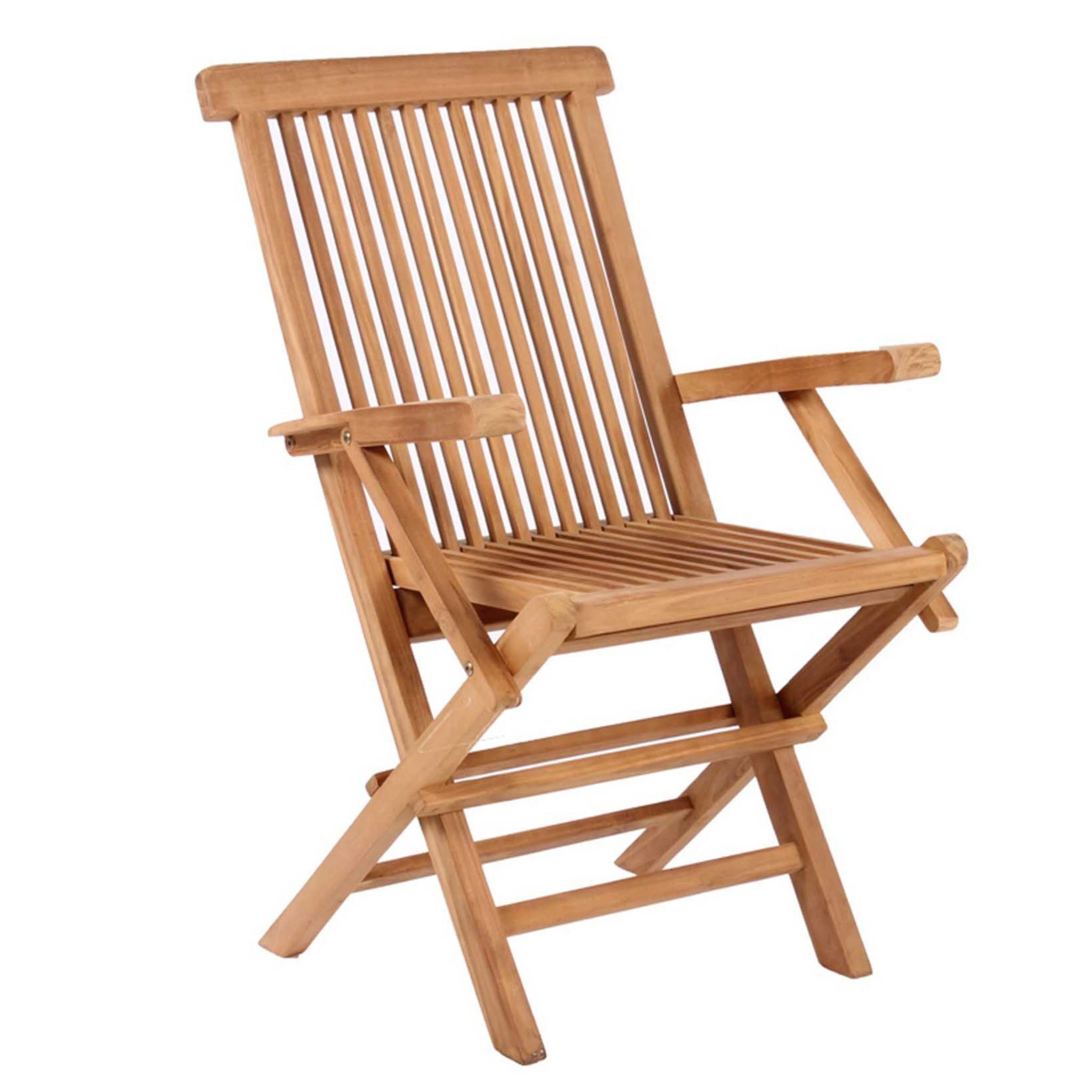 MR.DEKO Gartenstuhl Klappsessel Andover Teak mit Armlehnen Holz wetterfest 53x43x89 cm (Klappstuhl, Einzelstuhl (klappbar), mit Armlehnen, 1 St), Ergonomischer Klappstuhl massives Teakholz platzsparend & belastbar
