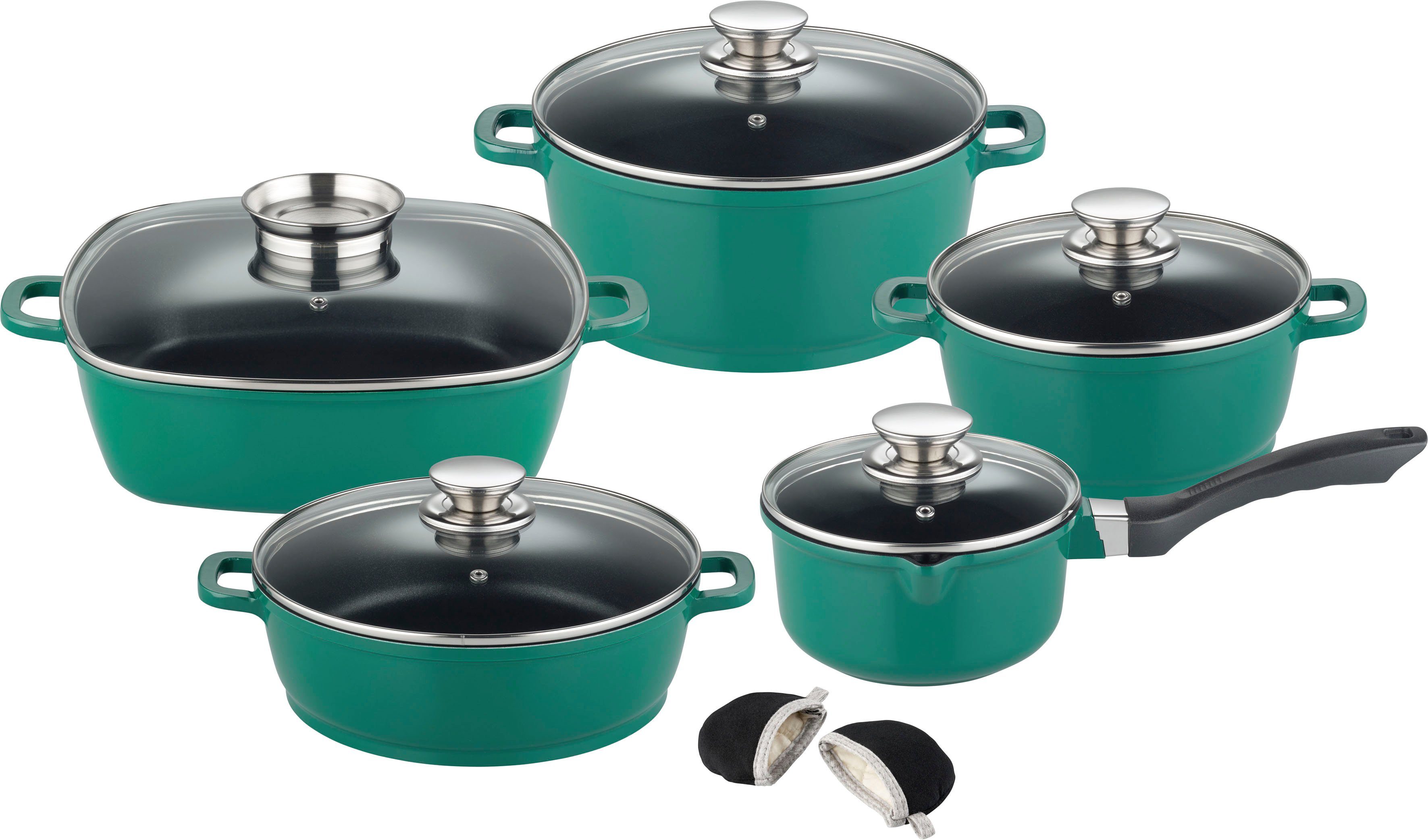 GSW Topf-Set Gourmet Green, Aluminiumguss (Set, 12-tlg), mehrfache,  langlebige Antihaft-Versiegelung, Edelstahl-Knöpfen