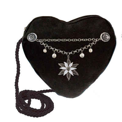 Alpenflüstern Schultertasche Herztasche Edelweiß-Charivari (schwarz), - Damen Trachtentasche in Herzform, Schultertasche fürs Dirndl, Herz Handtasche zur Tracht, Dirndltasche