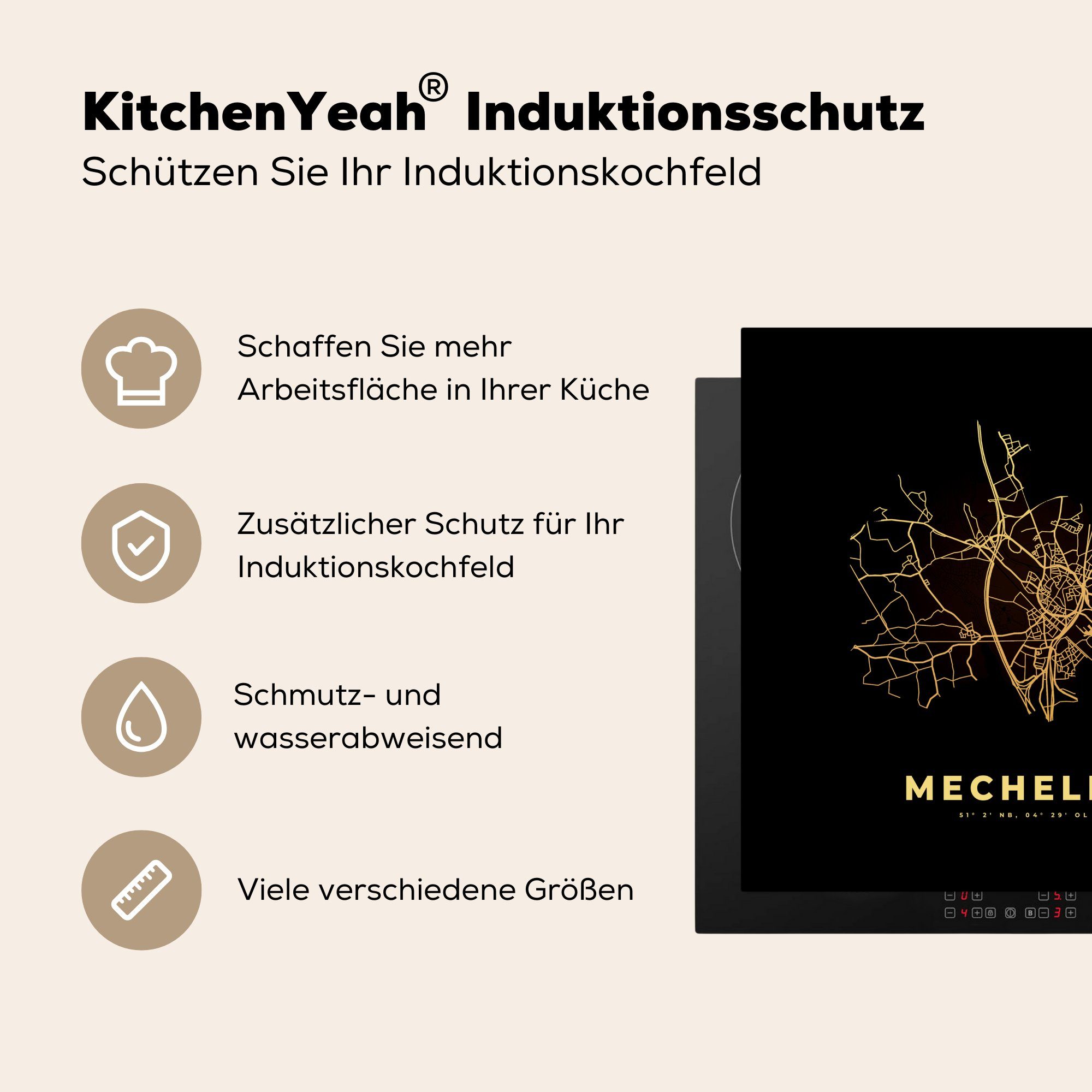 cm, Stadtplan Ceranfeldabdeckung, Karte Mechelen, (1 78x78 küche Herdblende-/Abdeckplatte - tlg), MuchoWow - Arbeitsplatte - Belgien Vinyl, für Gold -