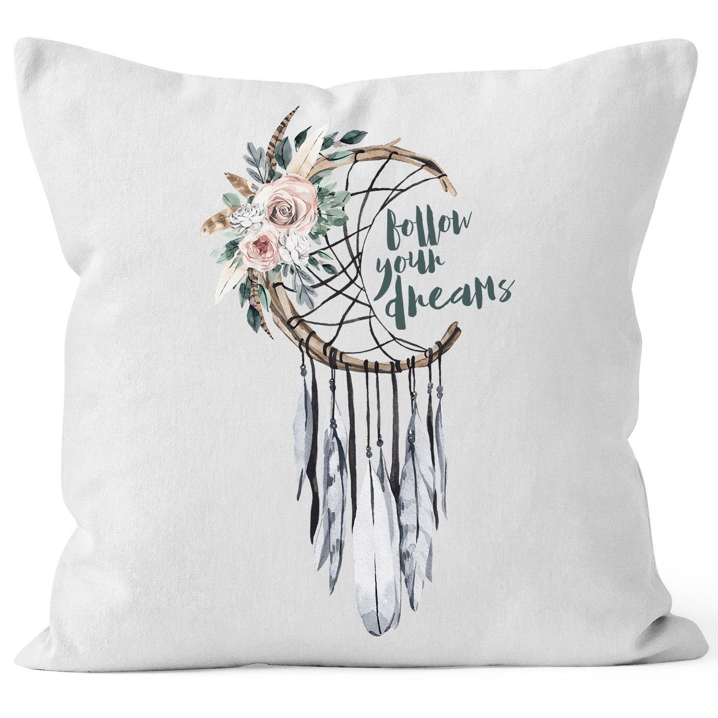 Autiga Dekokissen Kissenbezug Traumfänger Dreamcatcher Follow your Dreams Spruch Blumen Federn Spruch Boho Kissen-Hülle Deko-Kissen Autiga® weiß