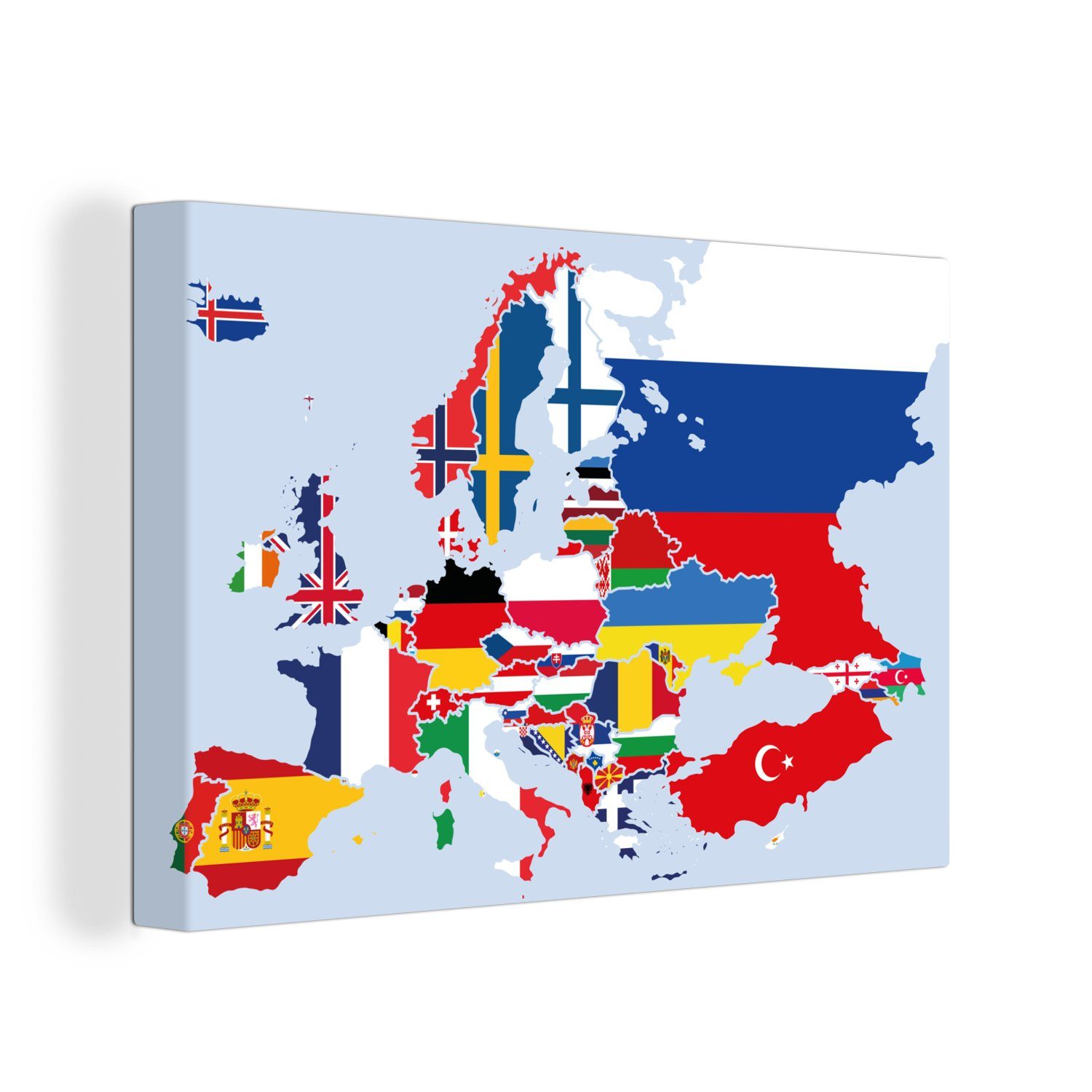 OneMillionCanvasses® Leinwandbild Karte cm (1 - Wandbild Wanddeko, St), 30x20 Europa - Aufhängefertig, Leinwandbilder, Flagge