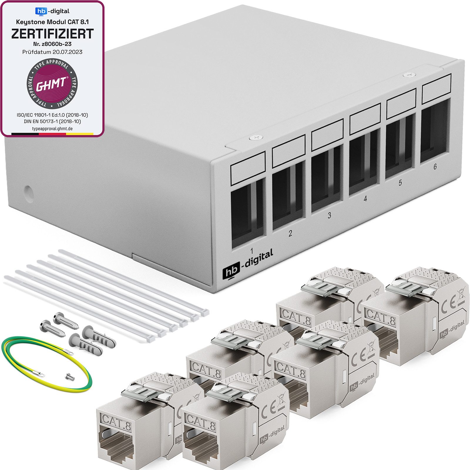 HB-DIGITAL Patchpanel 6 Port mit 6x Keystone Cat 8 Netzwerk hellgrau Netzwerk-Panel (6 Port CAT 8.1, 1 HE, mit CAT 8.1 Keystone Modul RJ45)