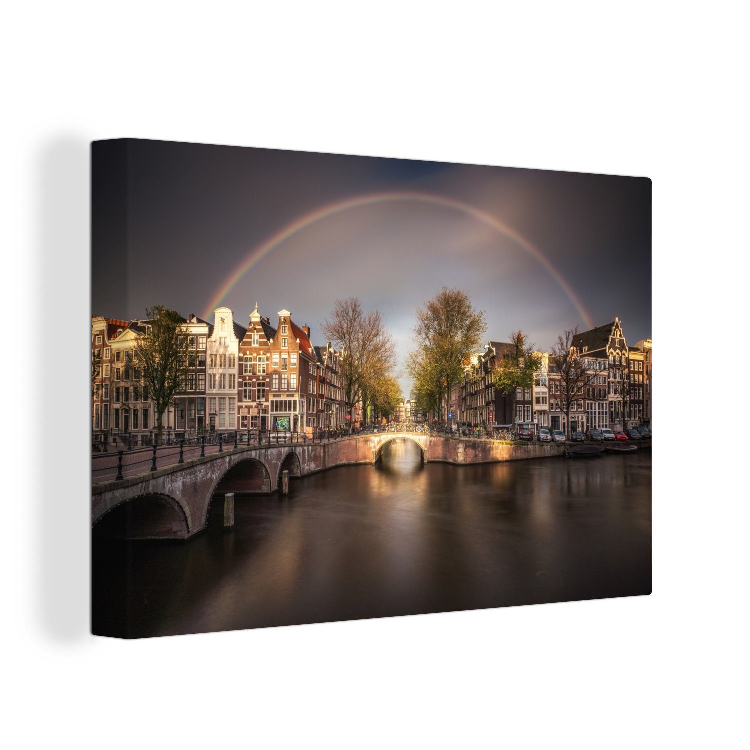 OneMillionCanvasses® Leinwandbild Amsterdams Keizersgracht unter einem Regenbogen, (1 St), Wandbild Leinwandbilder, Aufhängefertig, Wanddeko, 30x20 cm
