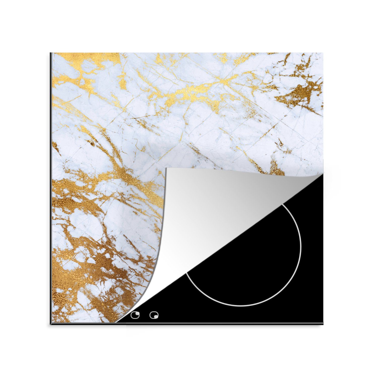 MuchoWow Herdblende-/Abdeckplatte - cm, 78x78 Ceranfeldabdeckung, für Vinyl, - Gold Arbeitsplatte Marmor Weiß, küche tlg), (1