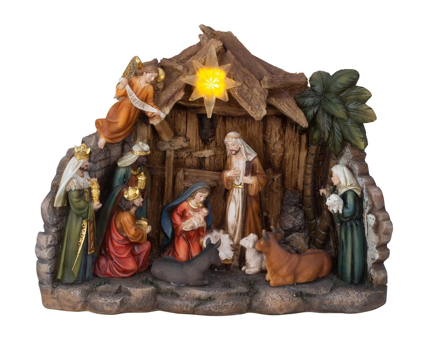 Mel-O-Design Krippe Beleuchtete Weihnachtskrippe mit 11 Figuren und LED-Stern (1-tlg)