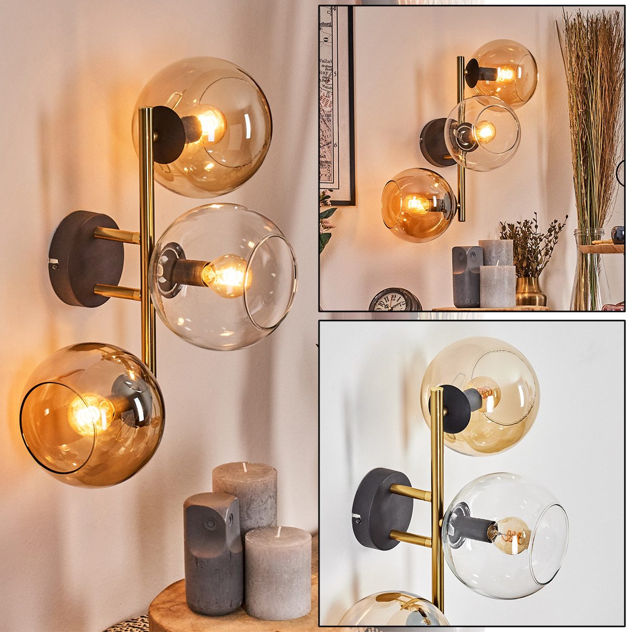 Wandleuchte Wandlampe aus Metall/Glas in Schwarz/Gold-/Bernsteinfarben/Klar