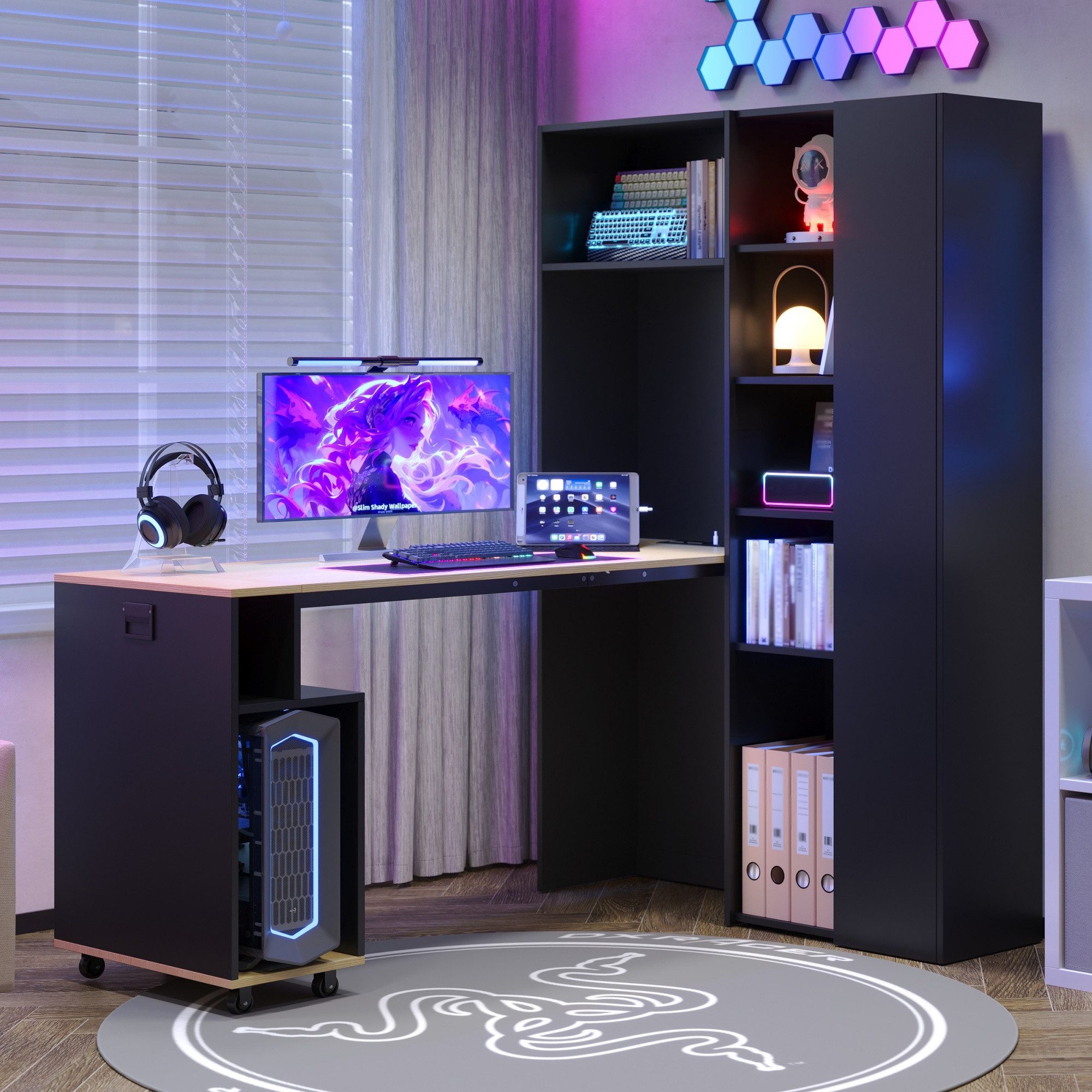 Odikalo Eckschreibtisch Regal-Schreibtisch klappbarer Schreibtisch mit Ablagen (2-in-1-Bücherregal und Schreibtisch, klappbar, mit Steckdose und USB-Anschluss, höhenverstellbare Ablagen, Kippschutz, Schreibtisch,Eck-Schreibtisch-rechts)