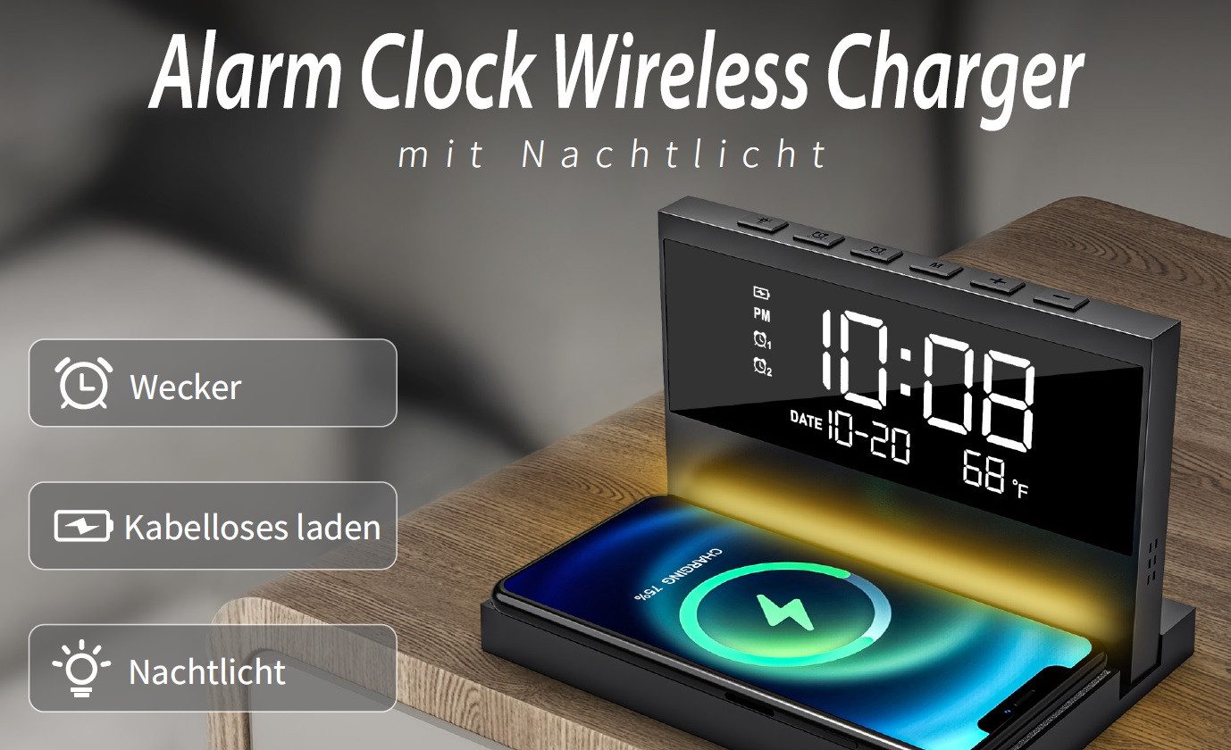 Reflexion ACW2188 Wecker Smartphone Ladestation Wireless Charger (3000 mA, Großes Display für Uhrzeit, Datum und Temperatur / Nachtlicht)