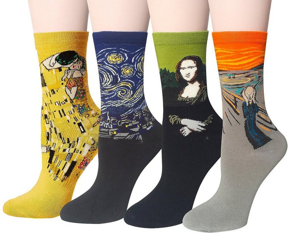 Alster Herz Freizeitsocken 4x Bunte lustige Socken Damen Herren, 38-43,  Baumwolle, A0465 (4-Paar) berühmte Motive der Malerei