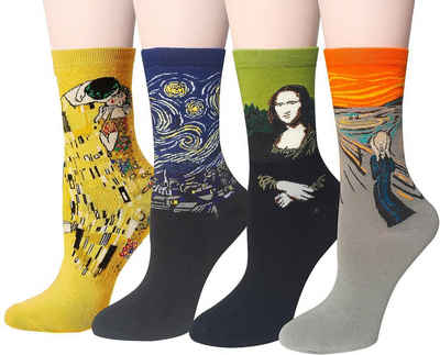Alster Herz Freizeitsocken 4x Bunte lustige Socken Damen Herren, 38-43, Baumwolle, A0465 (8-Paar) berühmte Motive der Malerei
