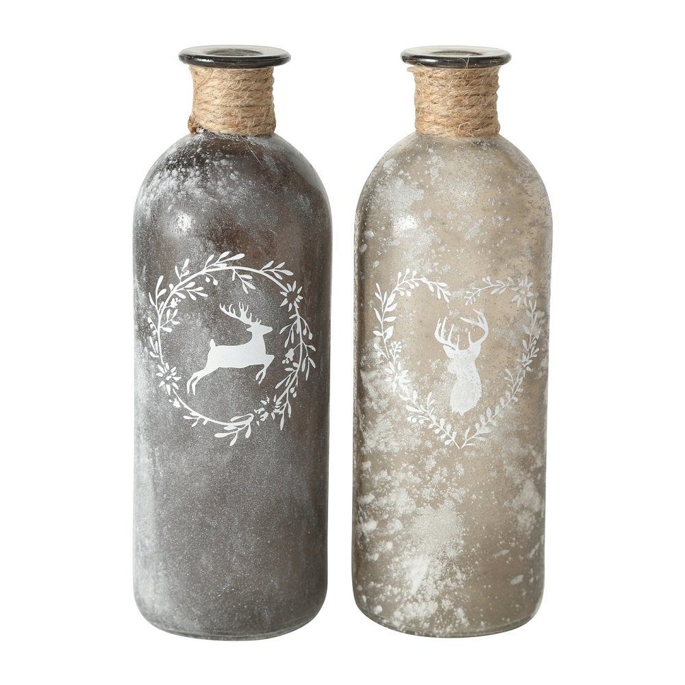 Dekovase Vase Flaschenvase Hirsch mit Sisalband Glas grau L