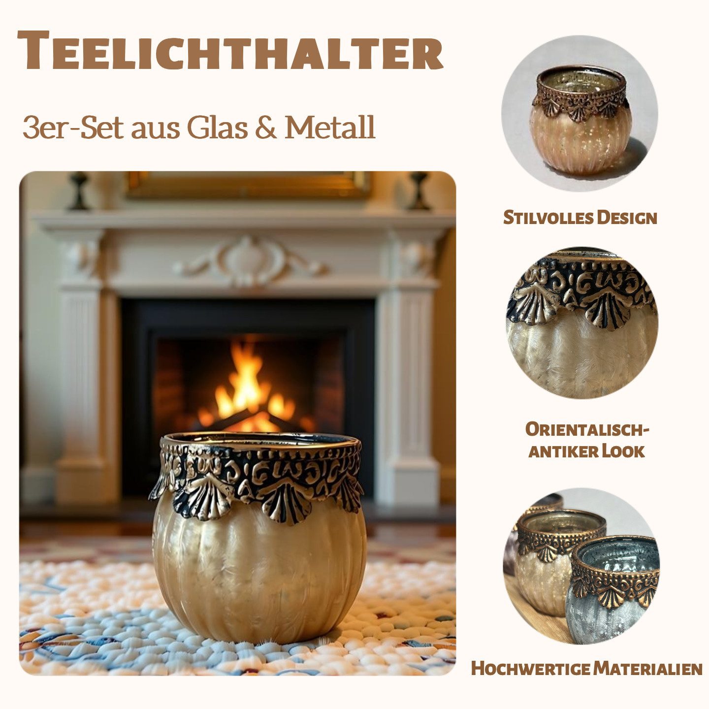 Super Solu Teelichthalter Kerzenhalter Windlicht Orientalisch Vintage /Glas für Deko & Kerzen (Set, 3 St., 3er), Gelb, aus Metall und Glas, 6,6 × 6,6 × 5,5 cm