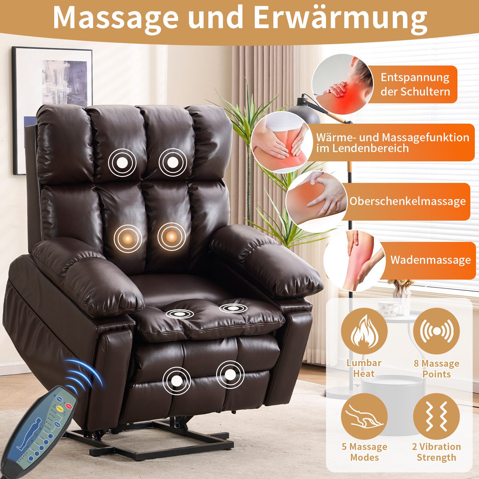 Zuacs TV-Sessel zweimotorig, elektrisch verstellbar, Relaxsessel mit Aufstehhilfe, und Liegefunktion – multifunktionales Einzelsofa aus PU, Braun – Bild 4 von 5