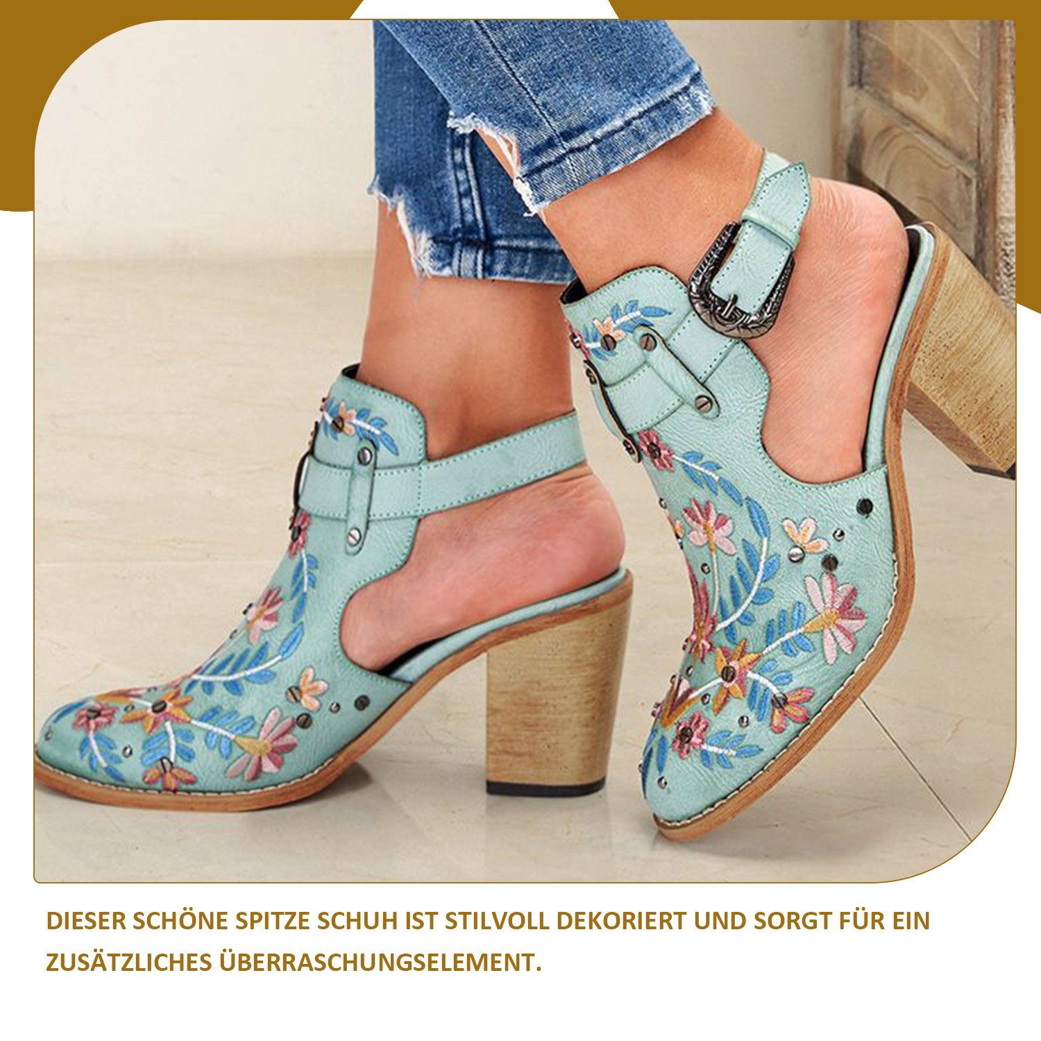 Retro Bestickte Blau Absätze Vintage Daisred Nieten-Sandalen Sandalette