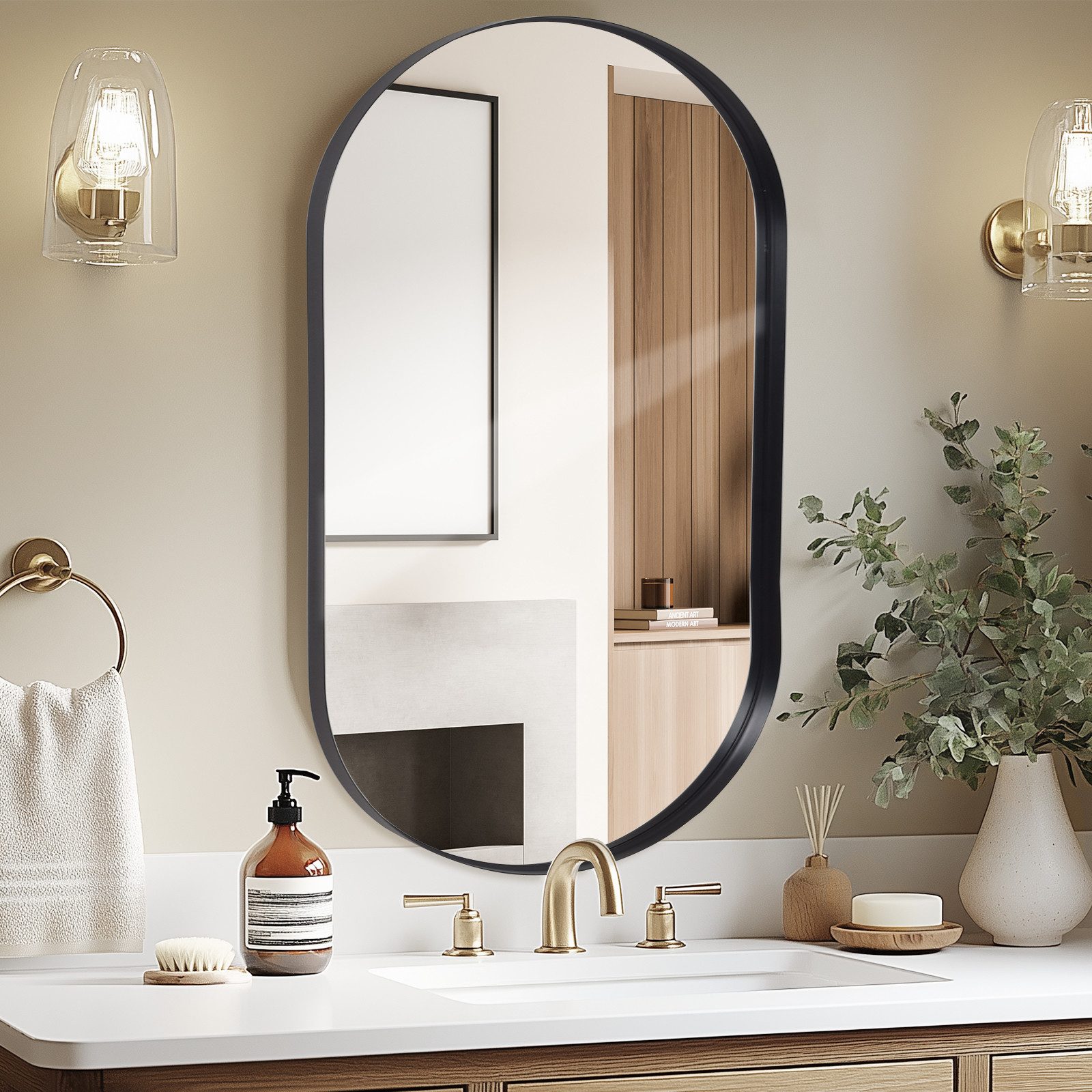 LUNAMIRROR Wandspiegel Oval Badspiegel mit robustem und rostfreiem Alurahmen, Klare Sicht und Hohe Sicherheit, 90×60cm, Schwarz