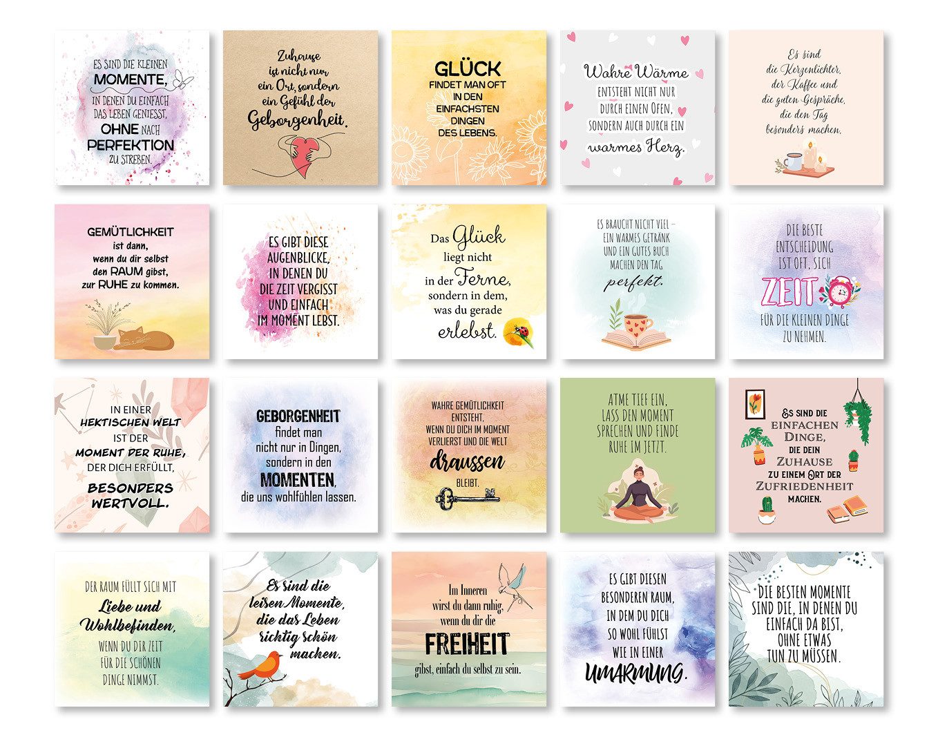 TypeStoff Grußkarten TypeStoff Spruchkarten Set Hygge 25 Karten 50 Sprüche 10,5x10,5 cm, 50 Sprüche auf 25 Karten 300 g/m² FSC-Papier Format 10,5 x 10,5 cm