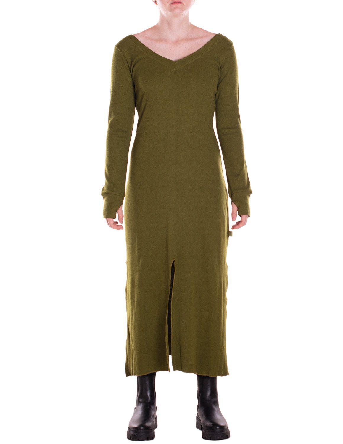 Vishes Midikleid Kleid knielang aus Baumwolle - V-Ausschnitt, Daumenlöcher, einfarbig Alternative Bekleidung, Ethno, Hippie, Retro Style