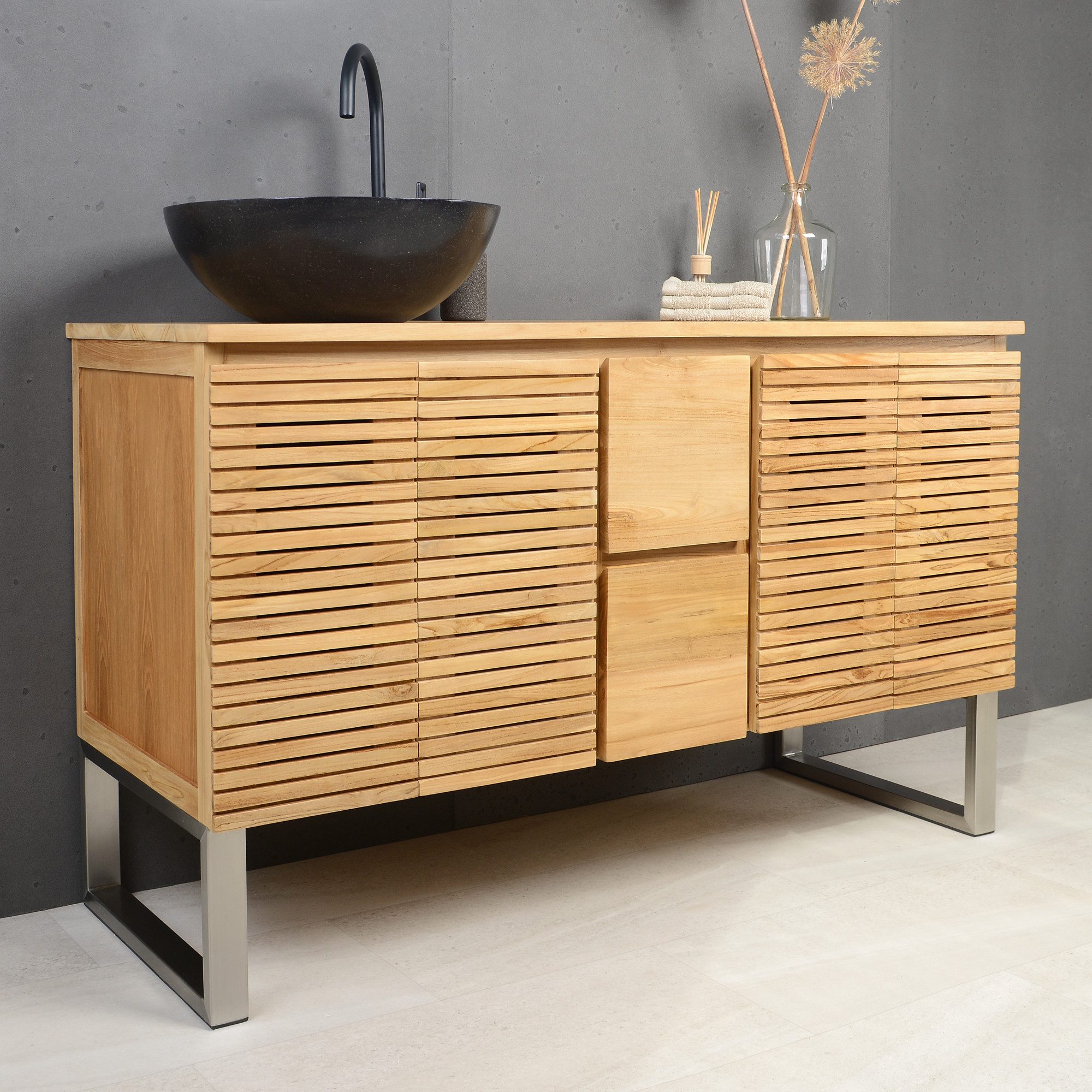 wohnfreuden Waschbeckenunterschrank Waschtisch-Unterschrank SHADE 140 cm breit aus Teakholz