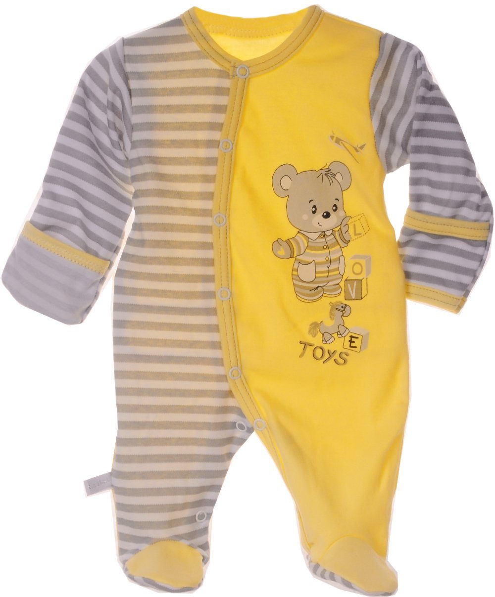 Schlafanzug Baby Strampler Overall Einteiler in Gelb gestreift mit Bärchen