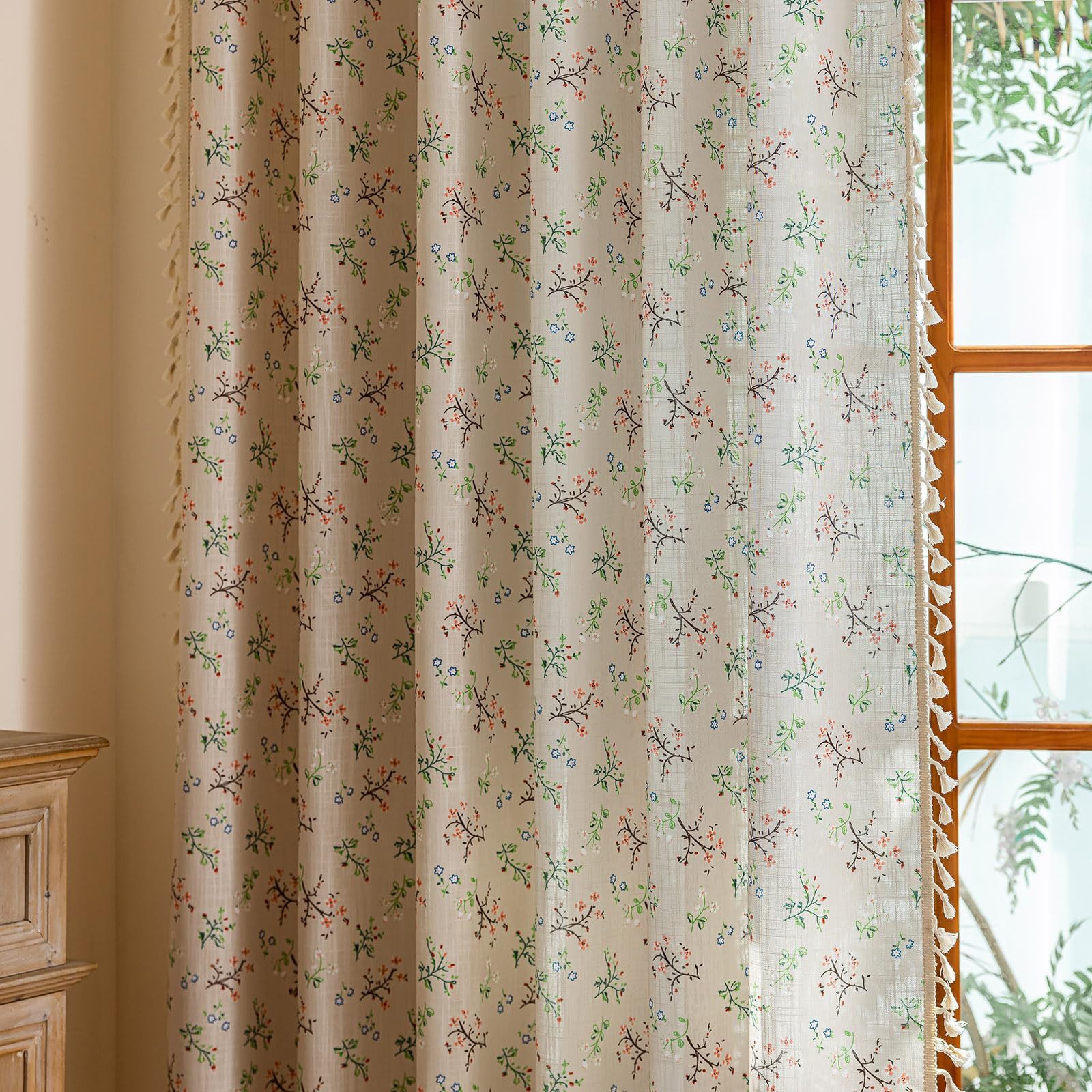 Agger Vorhang Vorhang mit Blumenmuster, Boho-Vorhang, halbtransparenter Vorhang, Geeignet für Wohnräume wie Wohnzimmer, Schlafzimmer usw