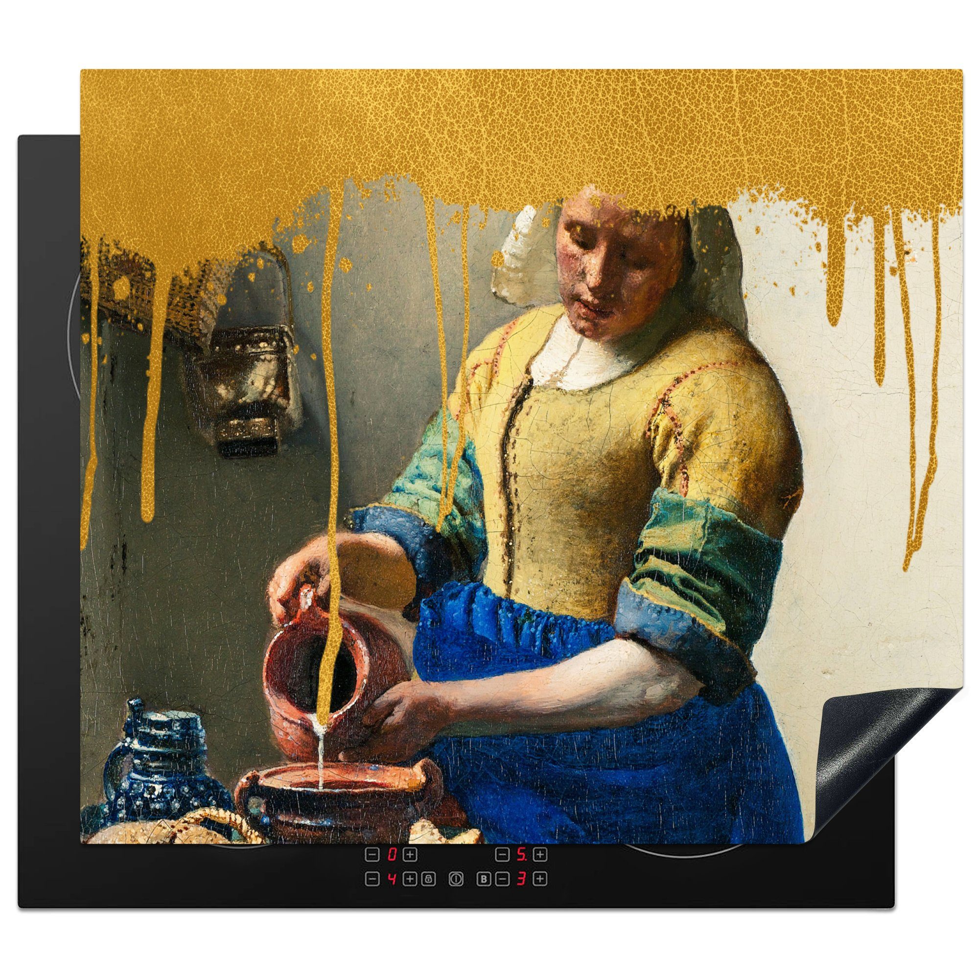 MuchoWow Herdblende-/Abdeckplatte Milchmädchen - Gold - Vermeer, Vinyl, (1 tlg), 59x52 cm, Ceranfeldabdeckung für die küche, Induktionsmatte