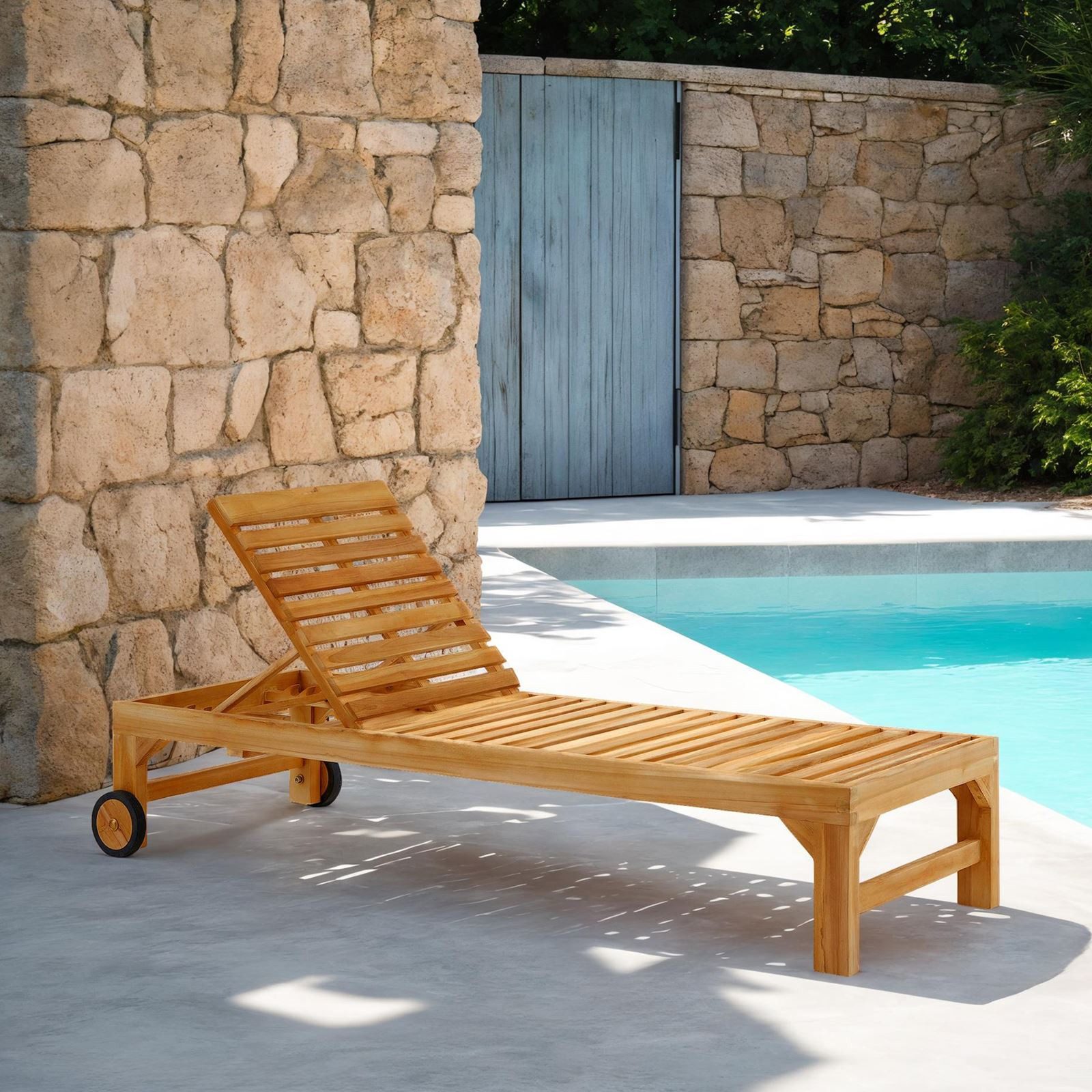 CARO-Möbel Gartenliege GRANADA, Sonnenliege aus Teak massiv mit Rollen Liege Garten aus Teakholz auf R