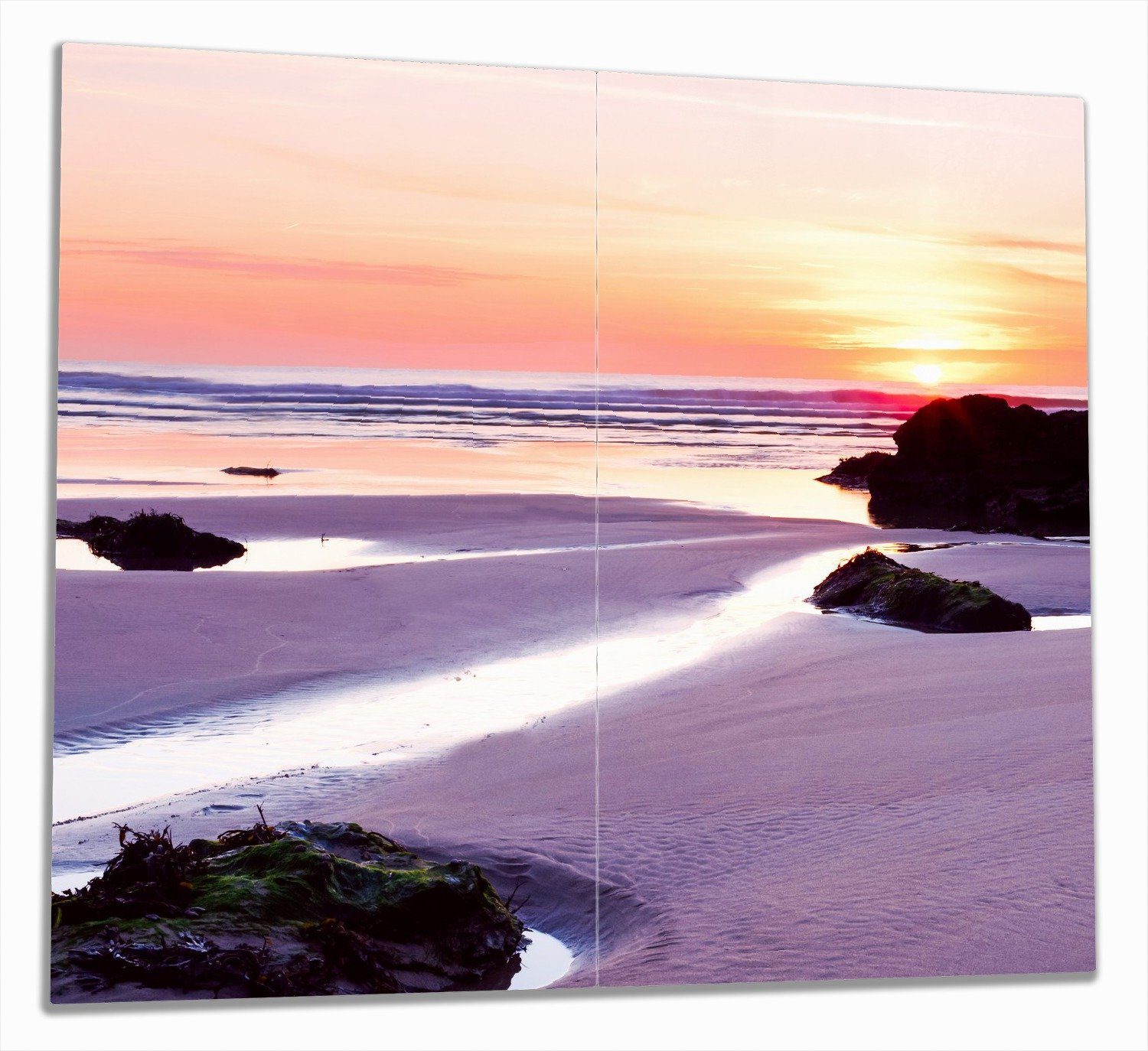 Wallario Herd-Abdeckplatte Sonnenuntergang am einsamen Strand, ESG-Sicherheitsglas, (Glasplatte, 2 tlg., inkl. 5mm Noppen), verschiedene Größen | Herdabdeckplatten