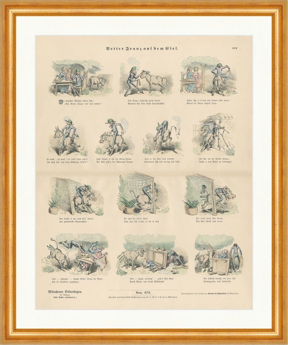 Kunstdruck Vetter Franz auf dem Esel Wilhelm Busch Ritt Münchener Bilderbogen 472