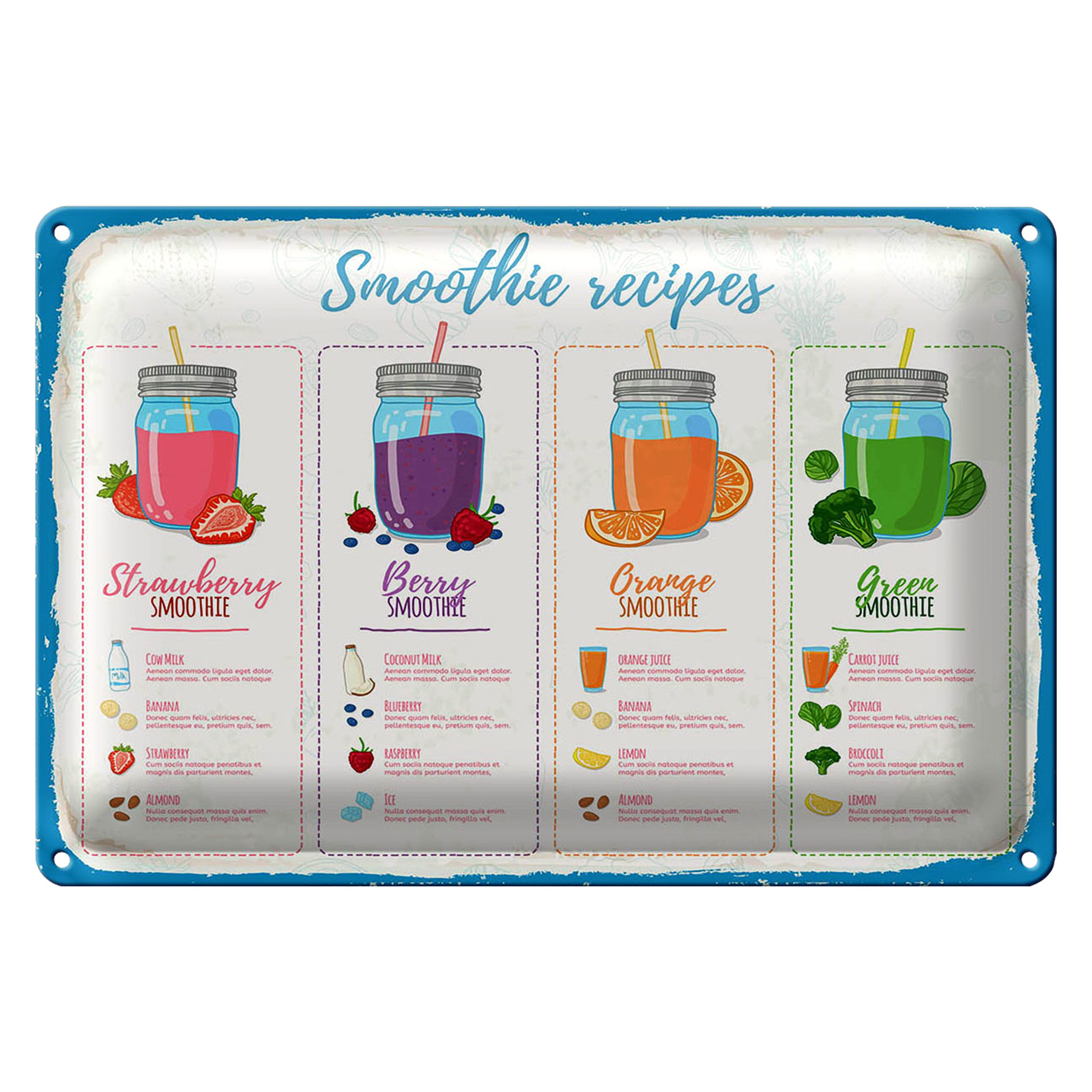 Metallschild Rezept Smoothie Recipe Berry Orange 18x12cm