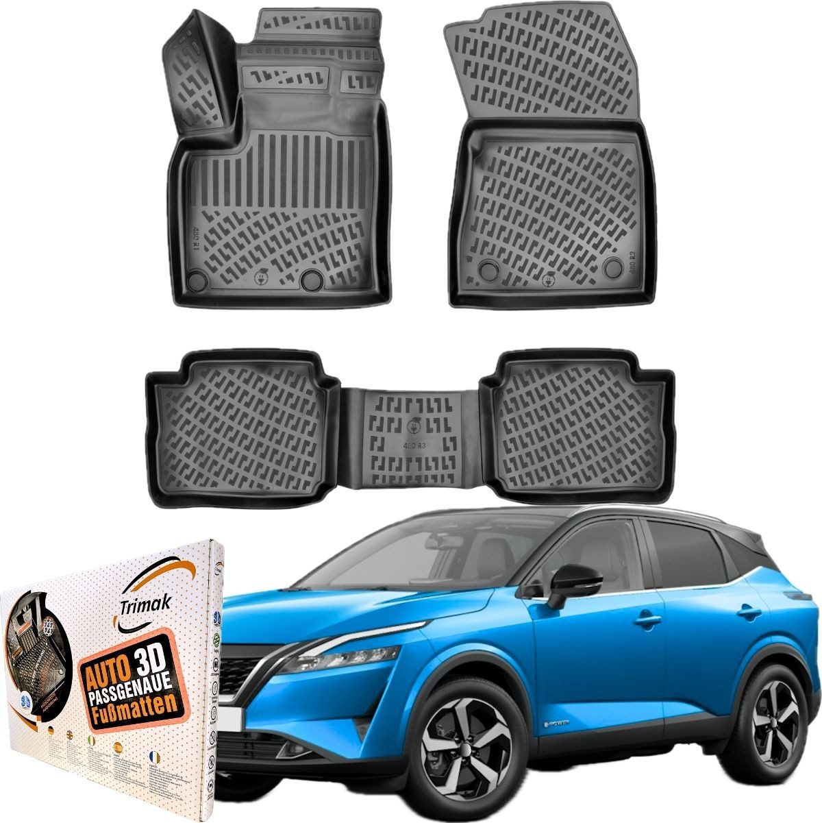 Trimak Passform-Fußmatten Oder Kofferraumwanne Oder Set kompatibel mit Nissan Qashqai, Nissan Qashqai E-Power Gummimatten Auto TPE Allwetter Fussmatten