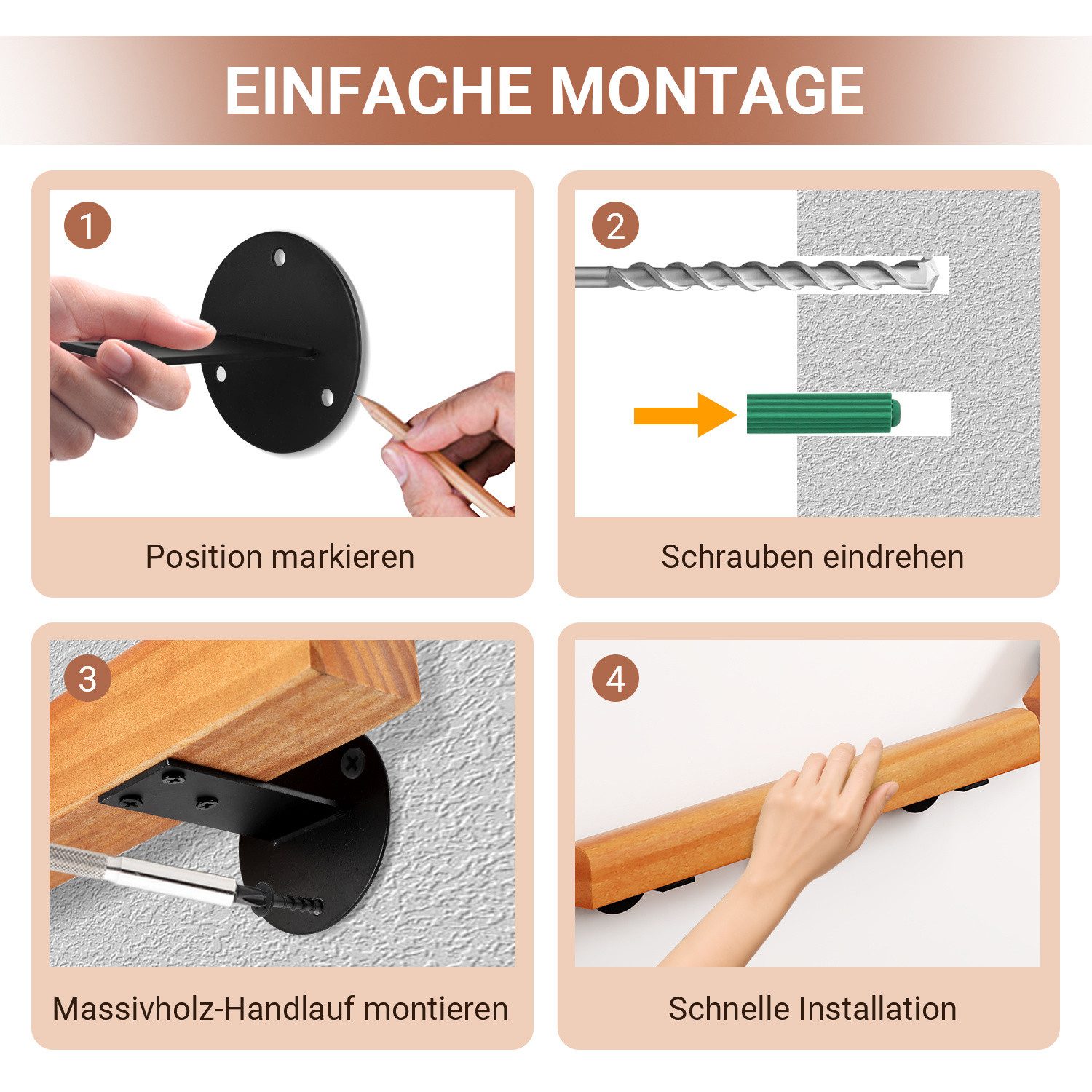 Clanmacy Handlauf Buche Handlauf 60cm Geländer Handlaufträger Hauseingang Wandhalter80, 60 cm Gesamtlänge, (Wandhandlauf Wandhalterung Innen & Außen), Wandhandl – Bild 5 von 5