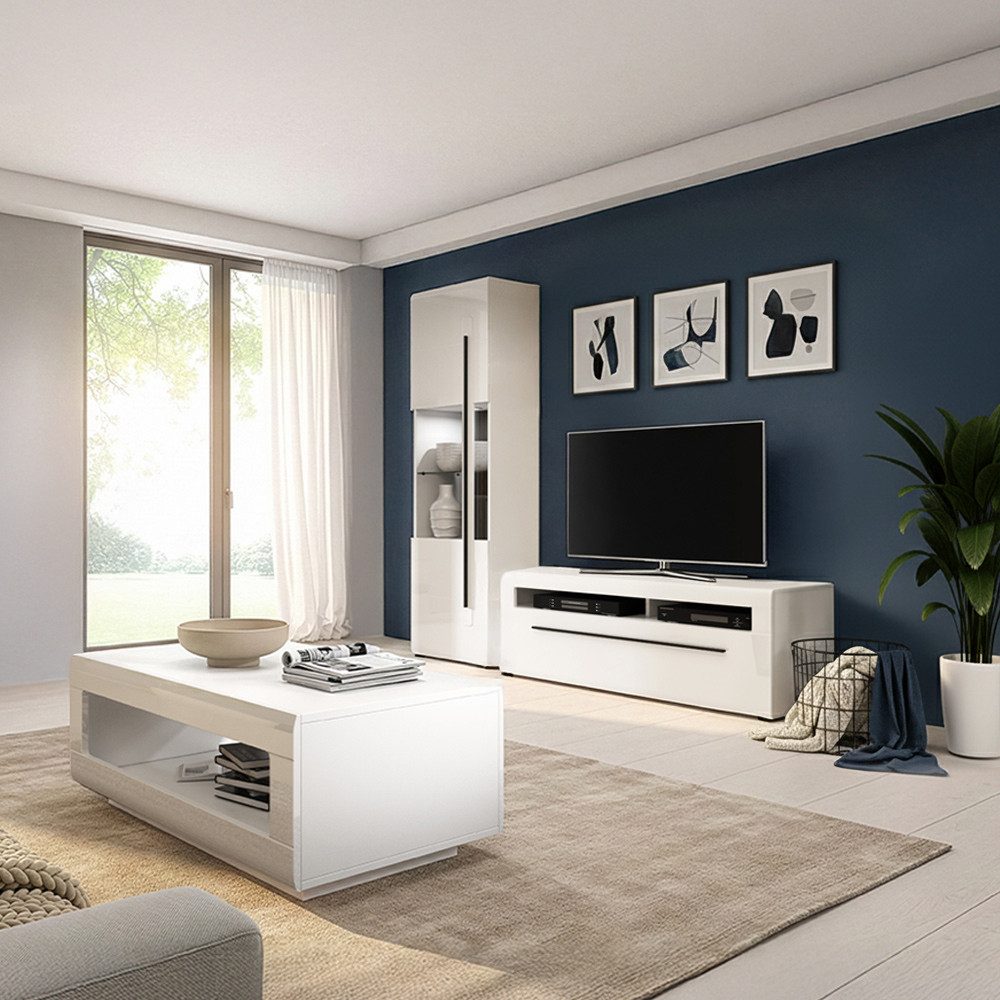 Lomadox Wohnzimmer-Set TURDA-83, (Mega-Spar-Set, 3-St., Couchtisch Highboard Lowboard Sideboard Vitrine Wandregal), weiß Hochglanz Metallgriffe schwarz modern LED Beleuchtung