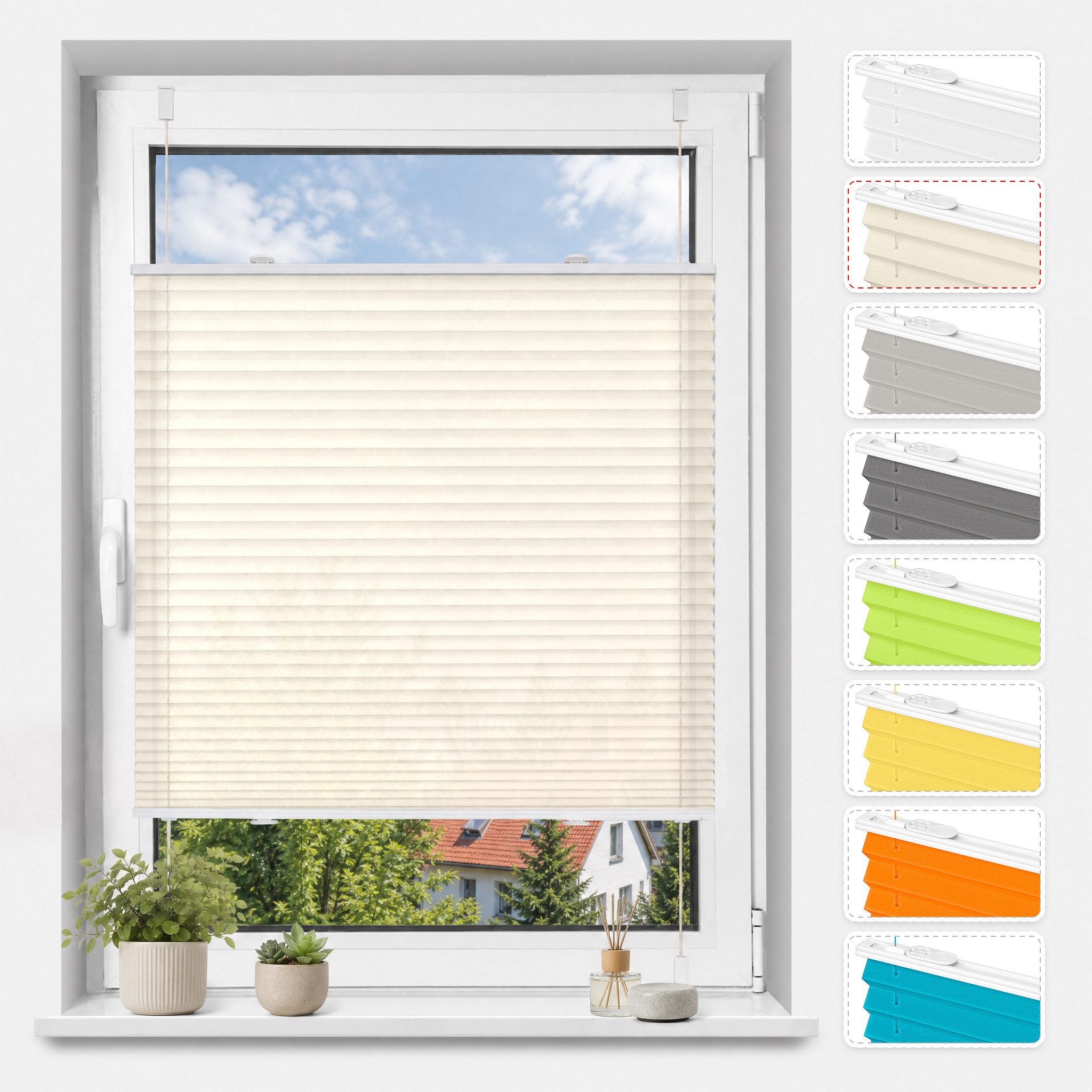 Vkele Plissee ohne Bohren Easy Fix Klemm Faltrollo, verspannt Fenster Rollo, Klemmfix,Klemmträger, Jalousie für Tür & Fenster Sichtschutz Sonnenschutz