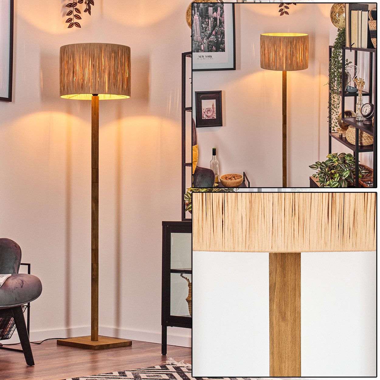 hofstein Stehlampe Boho-Style Stehlampe aus Holz/Metall/Bast günstig online kaufen