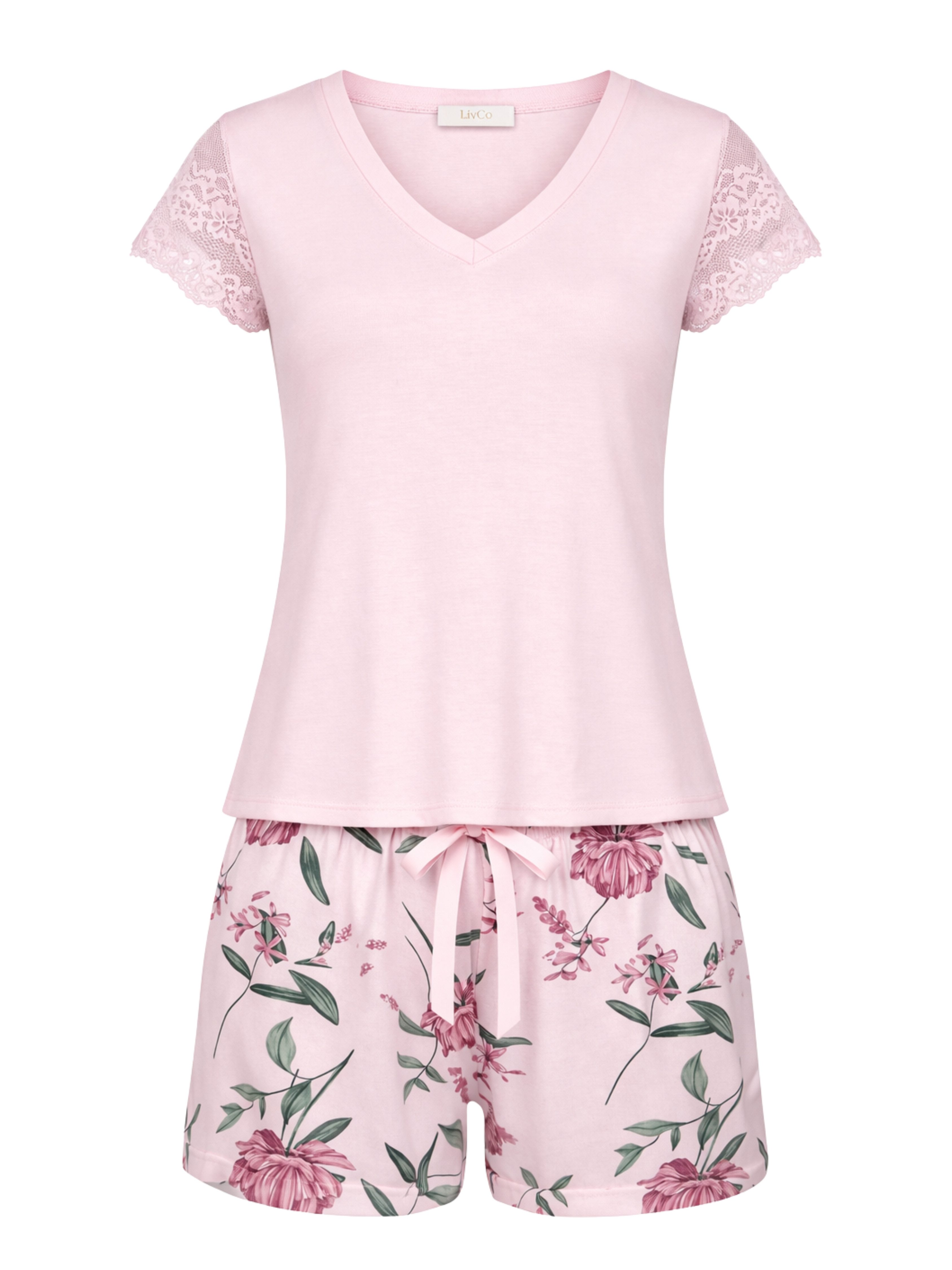 Donna Shorty Damen Sommer Schlafanzug mit Spitzenärmeln (2 tlg) Powder-Rose Shirt & Viskose-Shorts mit Blumenprint – Bild 2 von 5