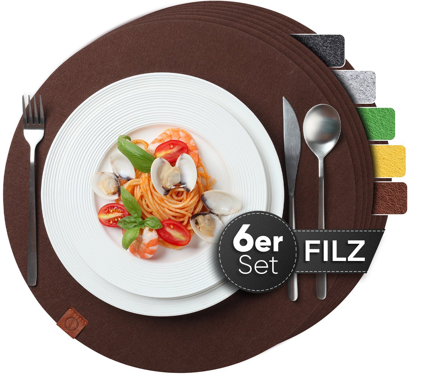 Platzset, Edles Platzset Loco - Filz Abwischbar aus Set 6er Filzmatte, - Bird Waschbare - Tischset Rund Braun - Filzuntersetzer Tischuntersetzer Platzdeckchen Untersetzer