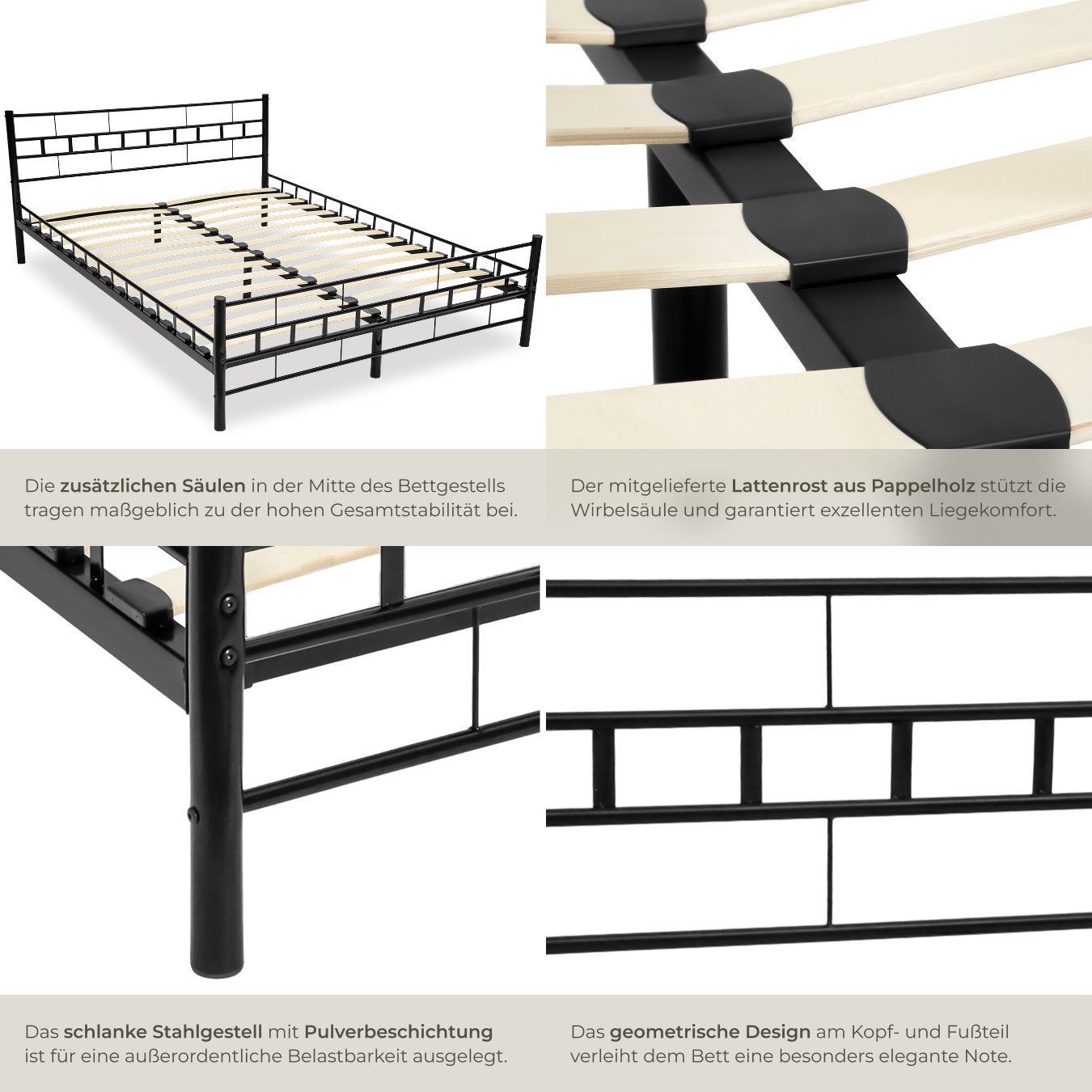 tectake Bettgestell Metallbett 180 x 200 cm mit robustem Stahlgestell und Holzlattenrost (Metall-Bettrahmen Malta, in schwarz), modernes Design, bodenschonende  – Bild 5 von 5