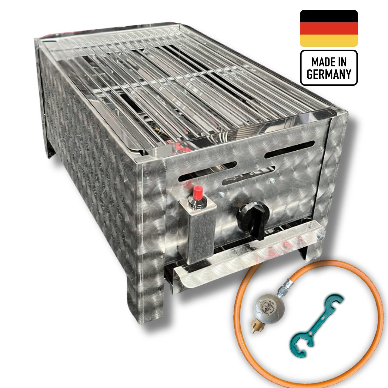 BlueCraft Gasgrill 1 flammig Brenner Edelstahl Gastrobräter Profi Gastrogasgrill mit Rost, Made in Germany, Gastrogrill Gas, Tischgasgrill, Bräter, Gastronomie, Gasbräter, mit Gas Schlauch und Druckminderer Tischgrill robust