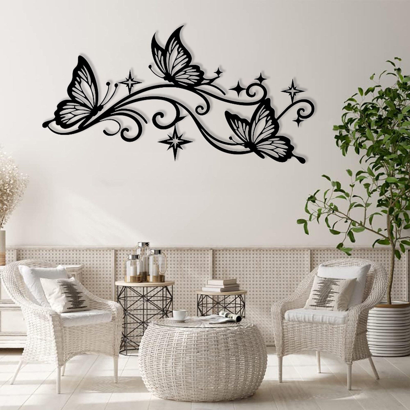 Jumpeak Wanddekoobjekt Wanddekoration Schmetterling Ranke,Filigran Sterne,Linienkunst,Natur, Metall,4 Farben,5 Maße,Schmetterling Wandsticker,Eleganz,Ornament