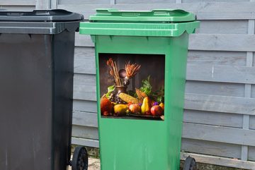 MuchoWow Wandsticker Gemüse - Obst - Rustikal - Tisch (1 St), Mülleimer-aufkleber, Mülltonne, Sticker, Container, Abfalbehälter