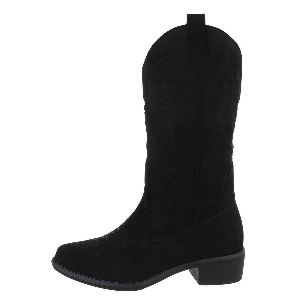 Ital-Design Damen Cowboyboots Western Westernstiefel Blockabsatz Flache Stiefel in Schwarz