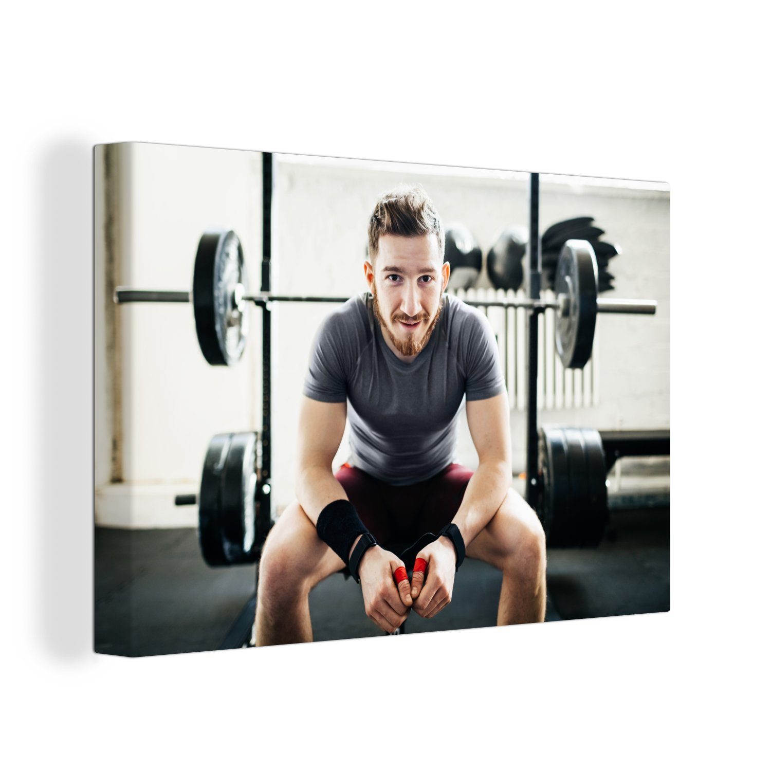 OneMillionCanvasses® Leinwandbild Porträt eines Amateur-Gewichthebers, der auf seiner Hantelbank sitzt., (1 St), Wandbild Leinwandbilder, Aufhängefertig, Wanddeko, 30x20 cm