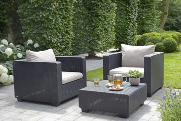 Keter Garten-Essgruppe Salta 2 Sessel, 3-Sitzer Tisch & beige Kissen, Wetterfest, Rattanoptik