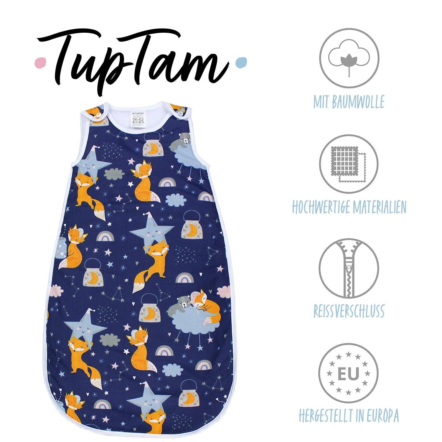 Babyschlafsack Reißverschluss TOG TupTam TEX zertifiziert Seitlicher OEKO- Dunkelblau / Füchse Ärmellos 2.5 Sternbild