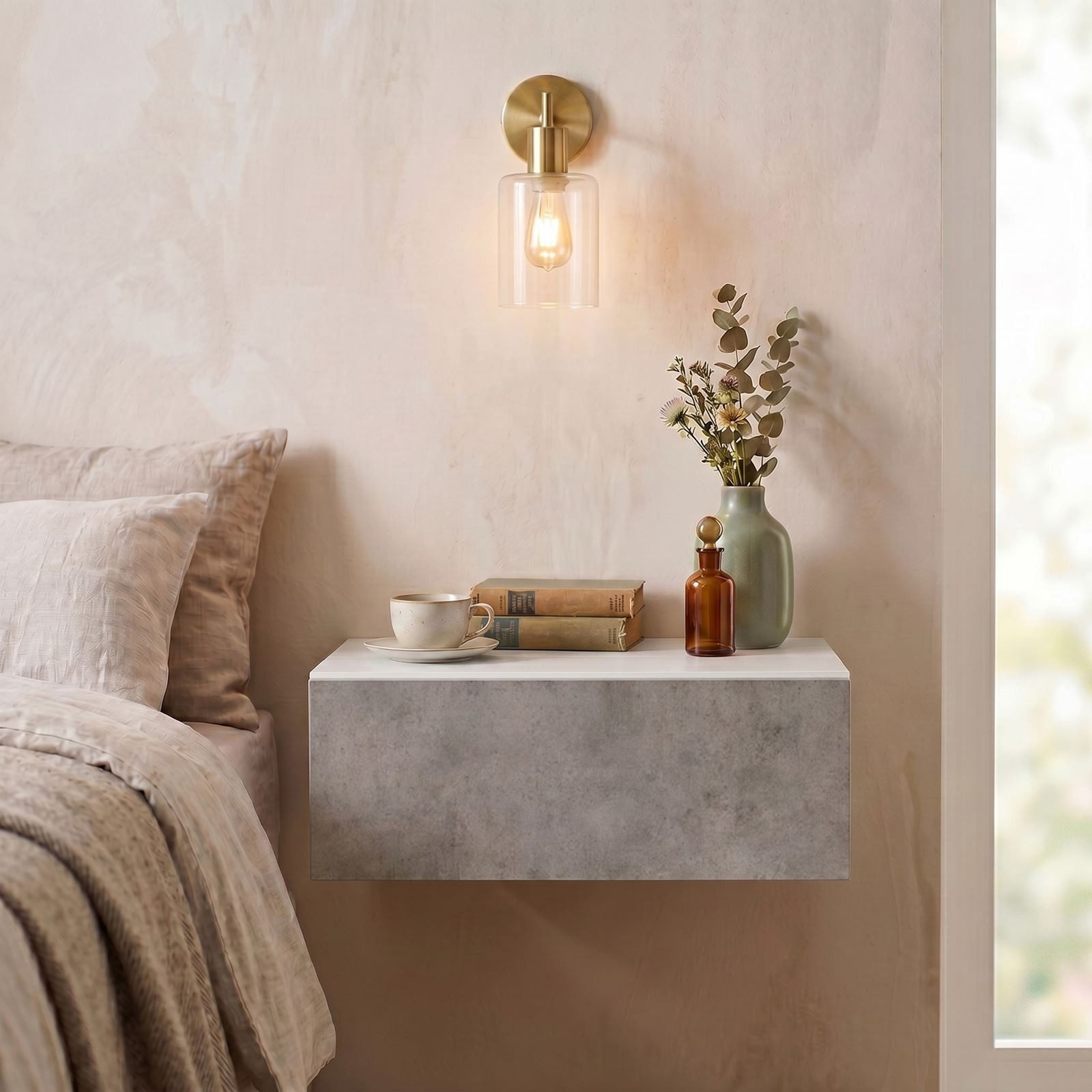 CARO-Möbel Nachtkommode ANNE, Hängender Nachttisch mit Schublade, schwebendes Wandregal weiß/beton