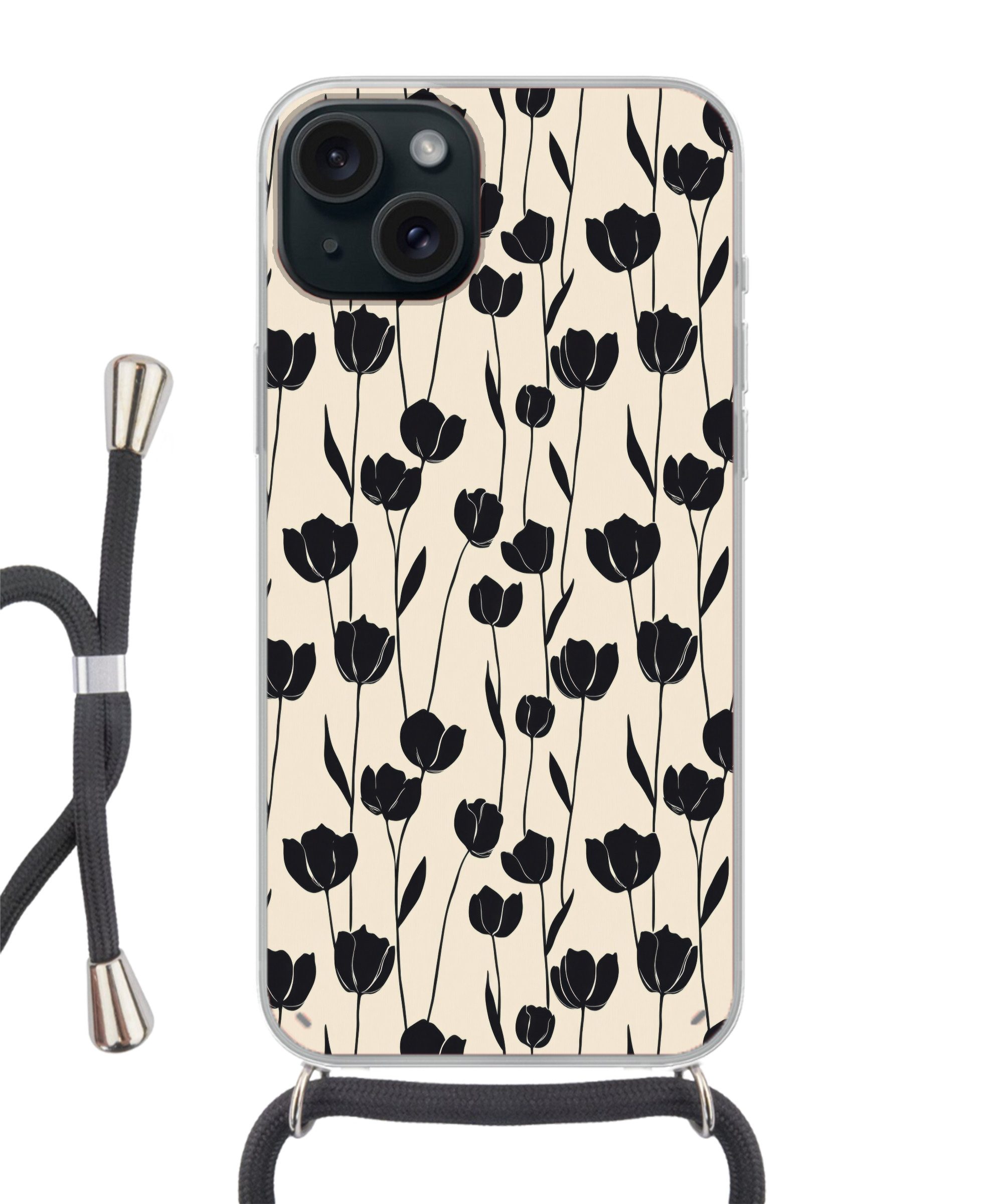 MuchoWow Handyhülle für Apple iPhone 15 Plus Tulpen - Muster - Schwarz, Tragbare Handyhüllen mit Kette zum umhängen, Handykette Handyband