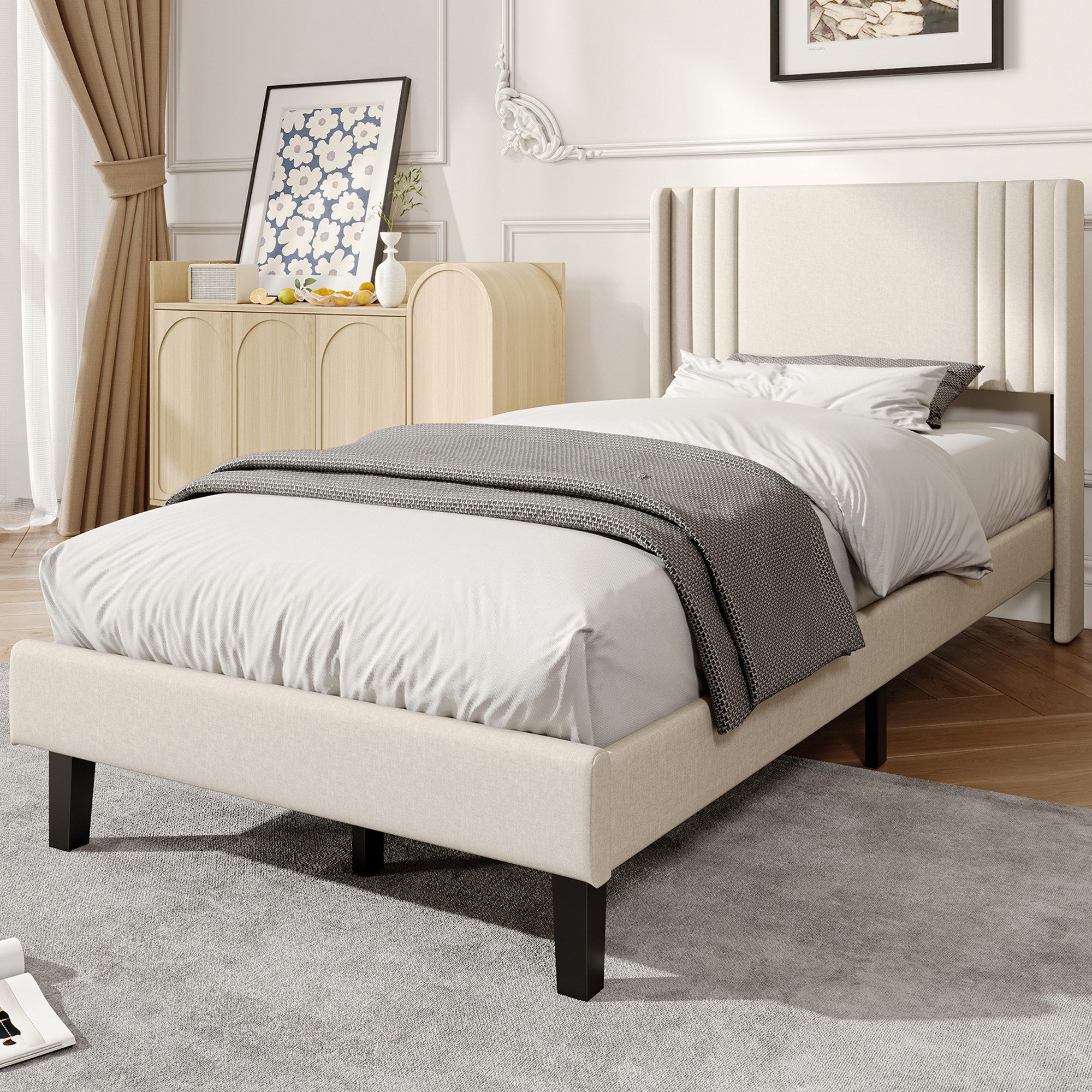 ADWOLT Polsterbett Doppelbett mit Kopfteil und Bettgestell (Packung, 1-tlg), 90x200 cm,Jugendbett,360 kg Tragfähigkeit,Leinenstoff – Beige