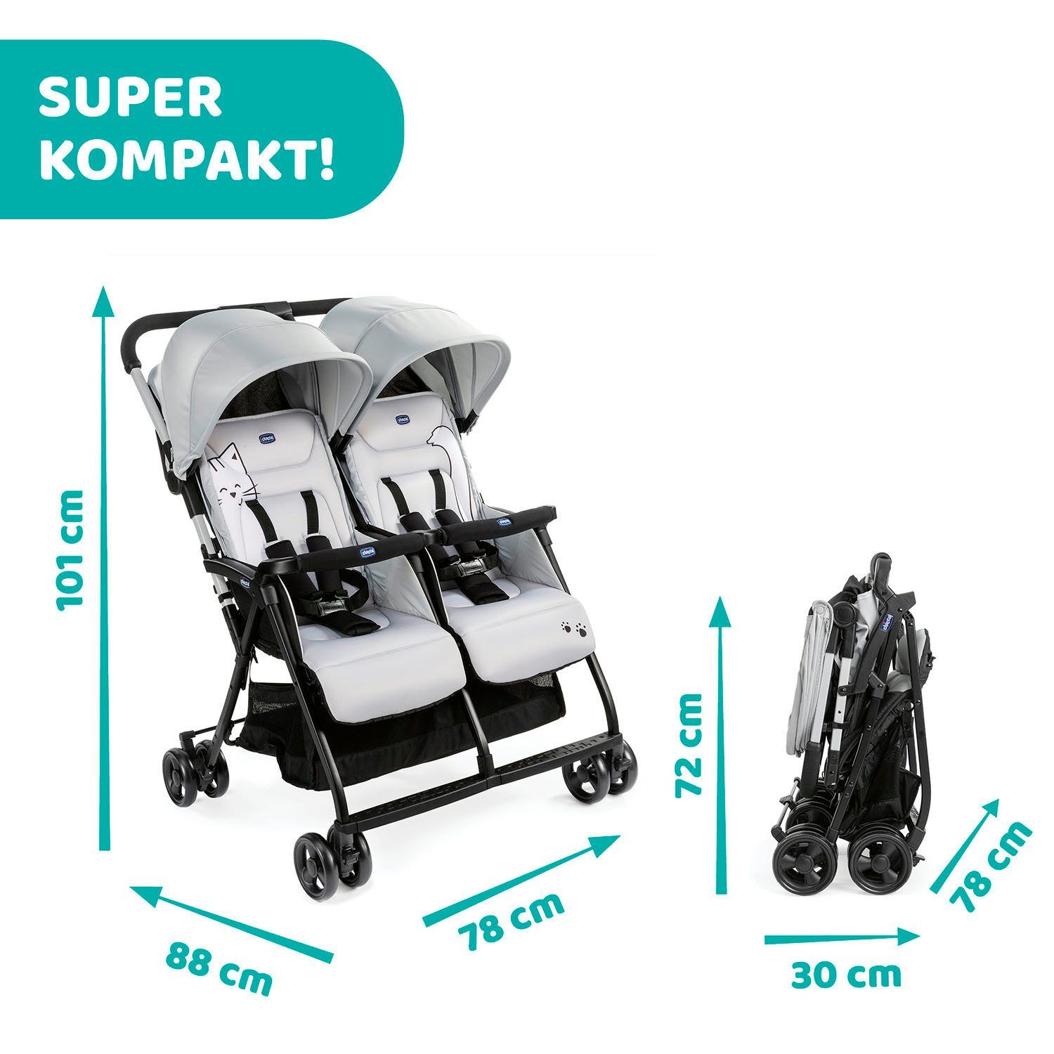 Chicco Zwillingsbuggy OHlalà Twin, Silver Cat, Zwillingskinderwagen